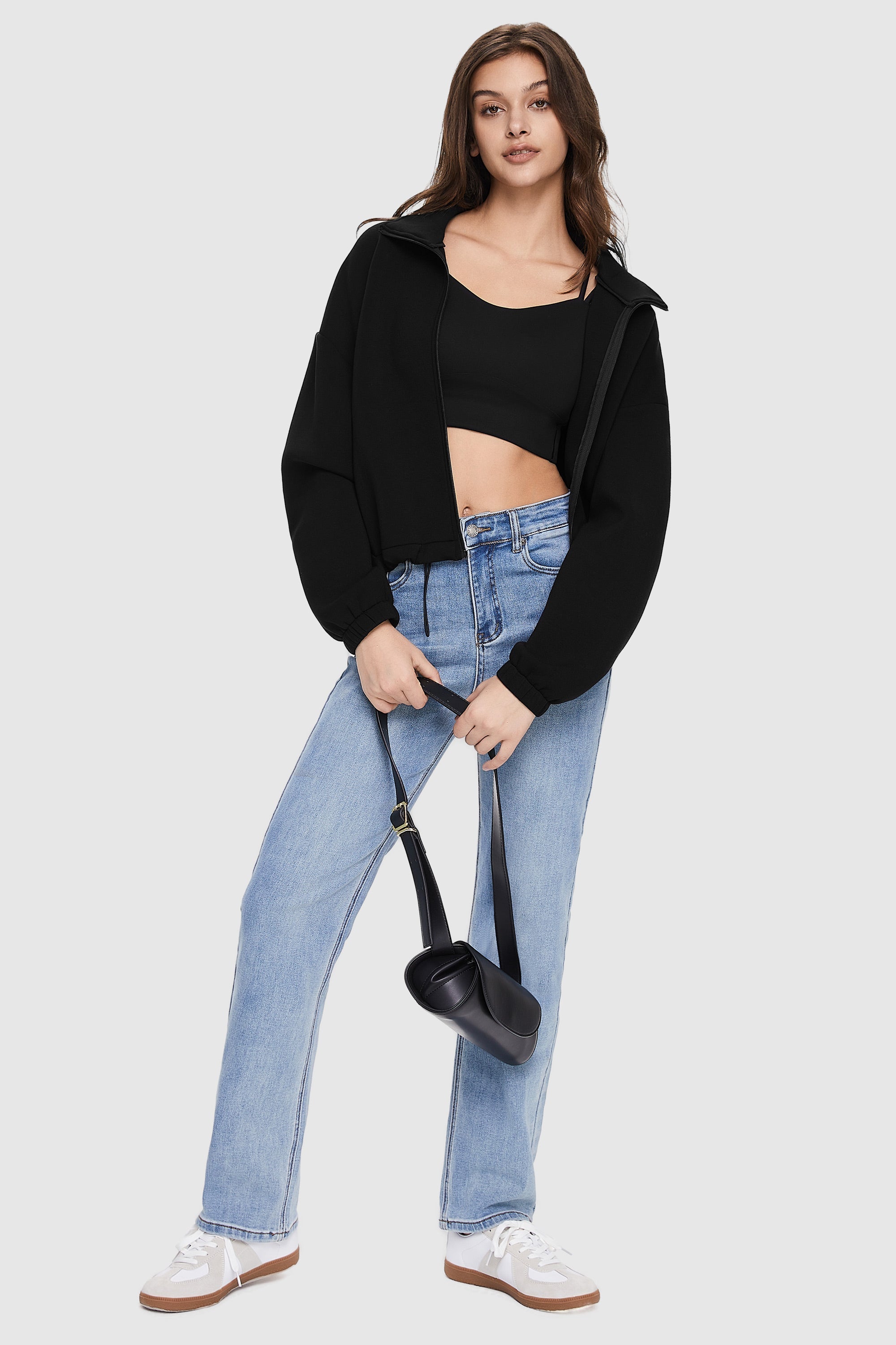 Orolay-Full Zip Cropped Sweatshirt-Image 1 of Full Zip Cropped Sweatshirt from Orolay - #color_Black