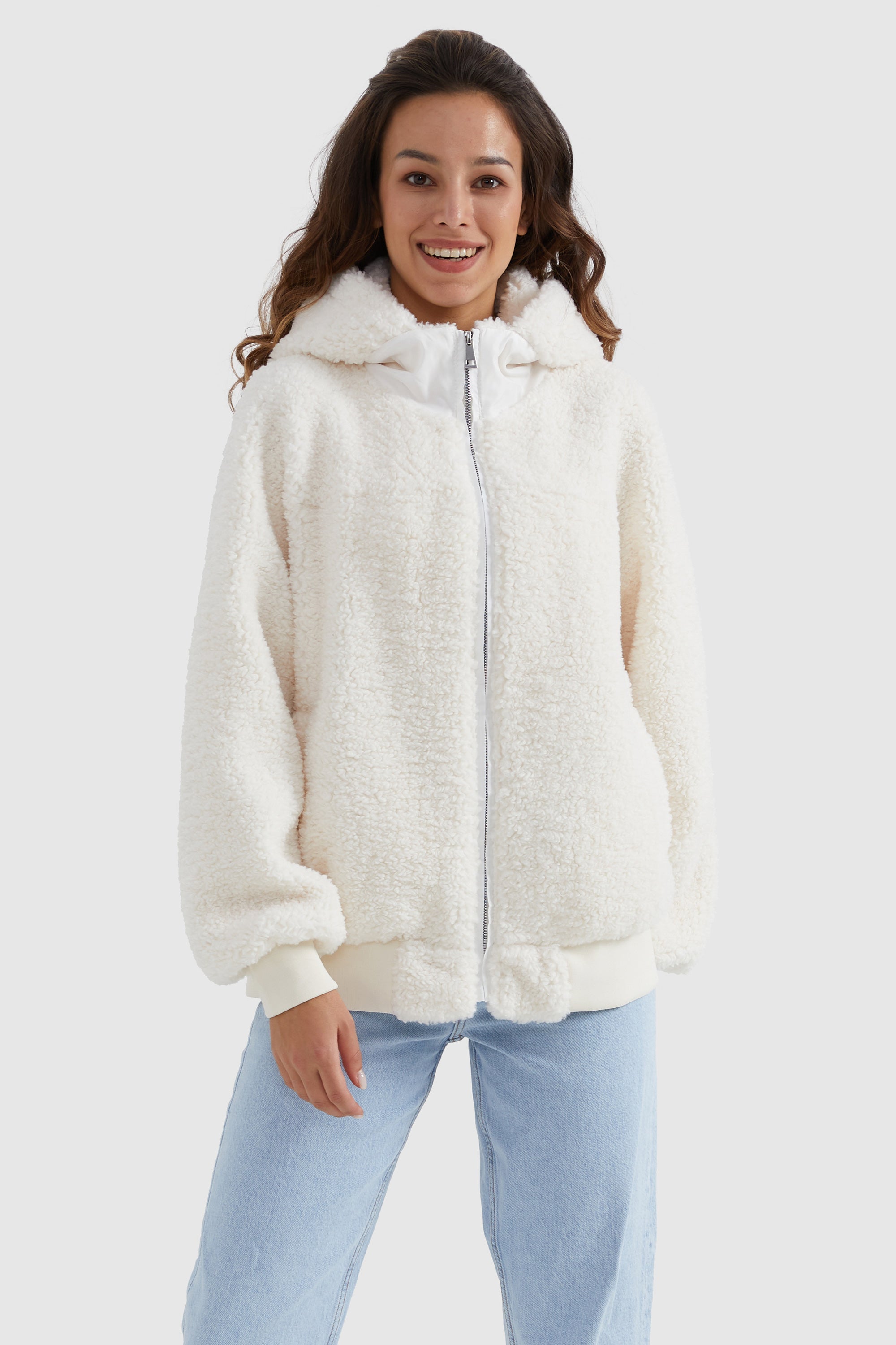 Orolay-Full-Zip Oversized Sherpa Fleece Jacket-#color_Tofu