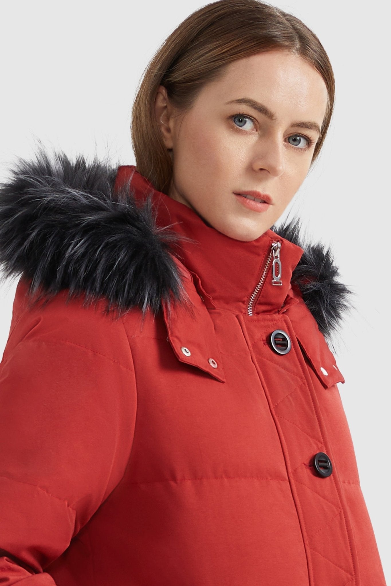 Orolay-Fur Trim Hood Windproof Down Parka with Stand Collar-Fur Trim Hood Windproof Down Parka with Stand Collar - Orolay, #color_Racing Red