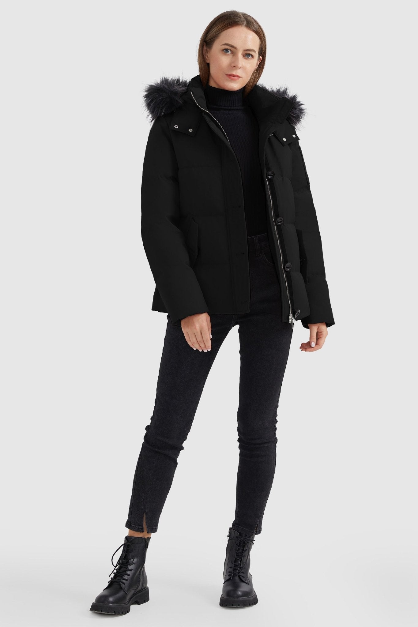 Orolay-Fur Trim Hood Windproof Down Parka with Stand Collar-Fur Trim Hood Windproof Down Parka with Stand Collar - Orolay, #color_Black