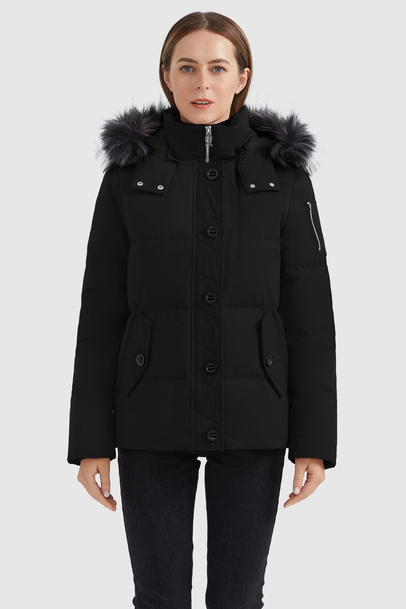 Orolay-Fur Trim Hood Windproof Down Parka with Stand Collar-Fur Trim Hood Windproof Down Parka with Stand Collar - Orolay, #color_Black