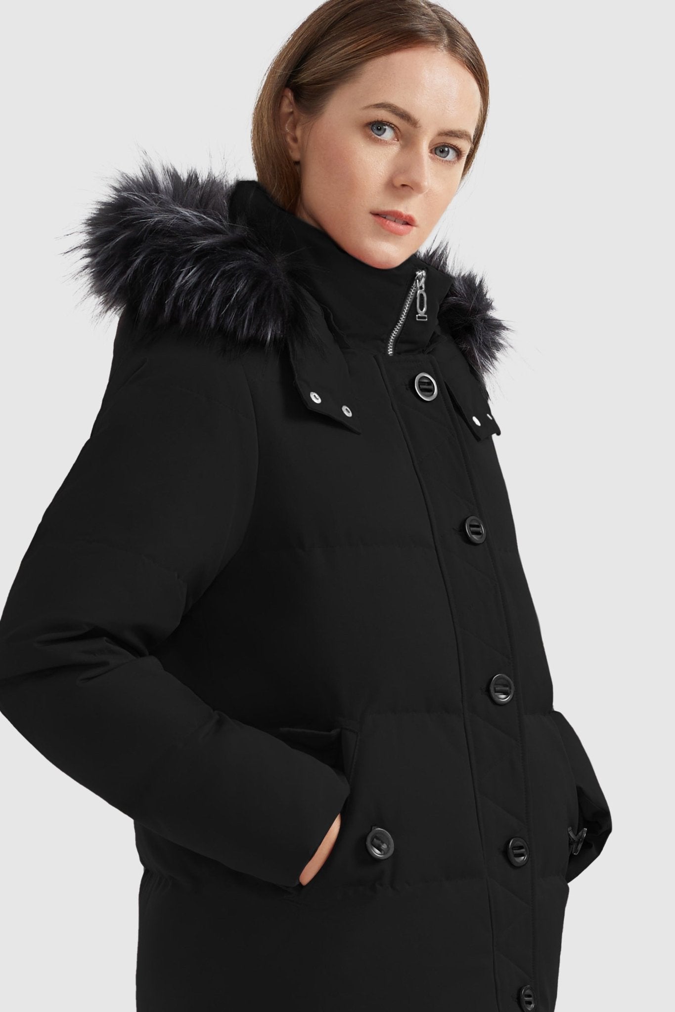 Orolay-Fur Trim Hood Windproof Down Parka with Stand Collar-Fur Trim Hood Windproof Down Parka with Stand Collar - Orolay, #color_Black