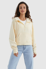 Orolay-Half-Zip Kangaroo Pocket Cropped Sweatshirt-#color_Almond Oil