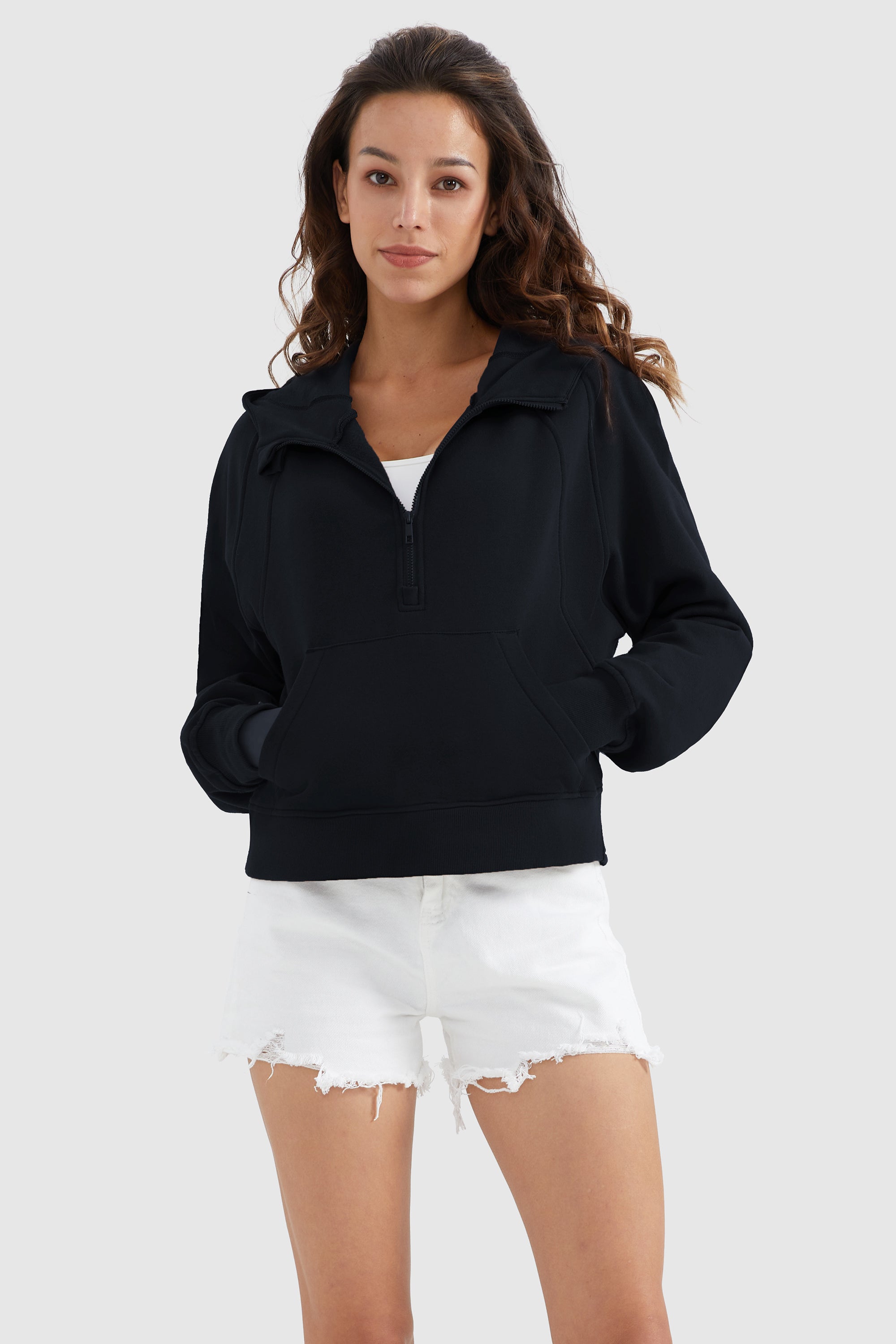 Orolay-Half-Zip Kangaroo Pocket Cropped Sweatshirt-#color_Night Sky