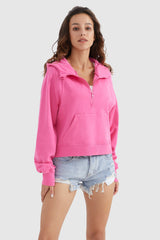 Orolay-Half-Zip Kangaroo Pocket Cropped Sweatshirt-#color_Pink Cosmos