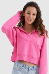 Orolay-Half-Zip Kangaroo Pocket Cropped Sweatshirt-#color_Pink Cosmos