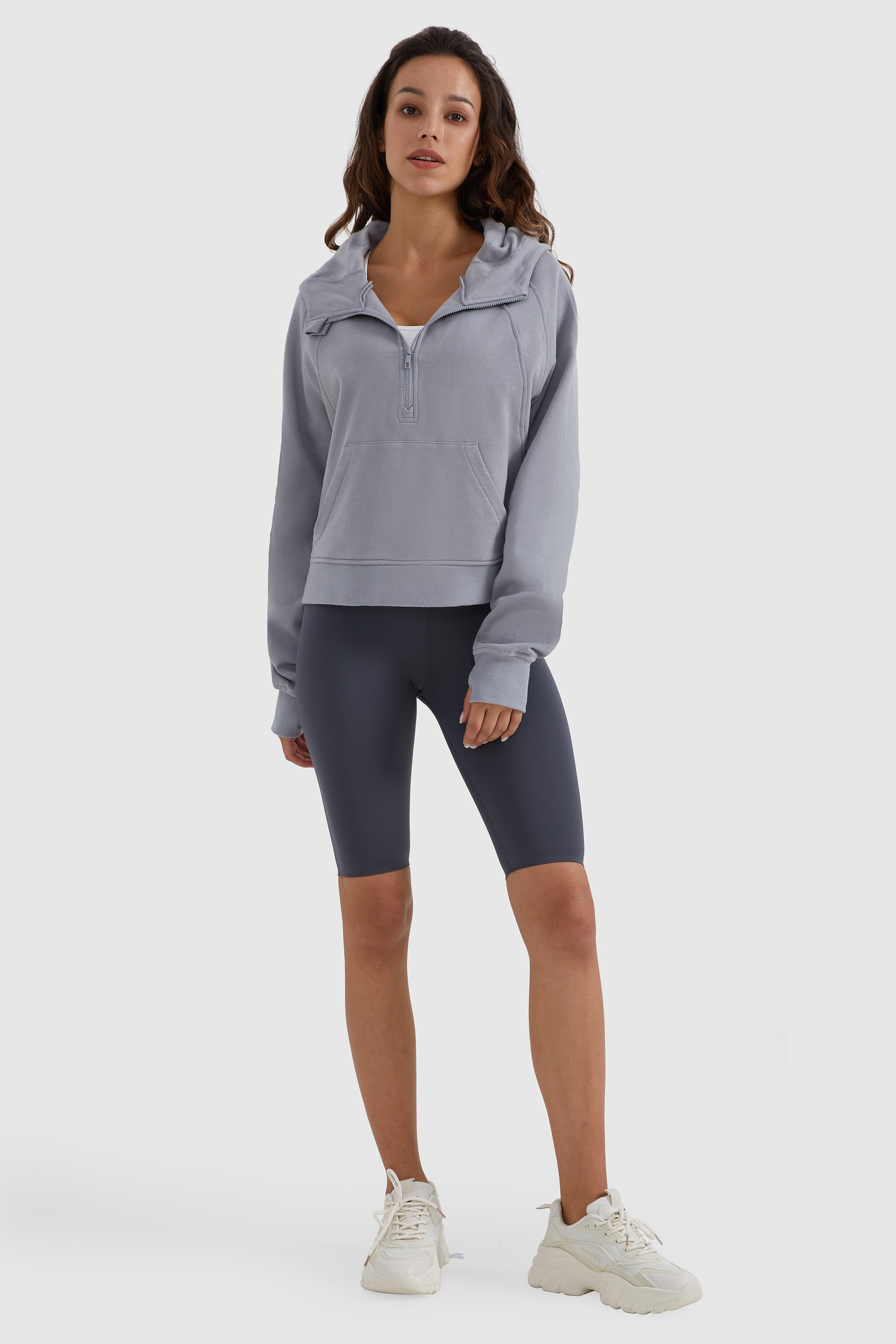 Orolay-Half-Zip Kangaroo Pocket Cropped Sweatshirt-#color_Gull Gray