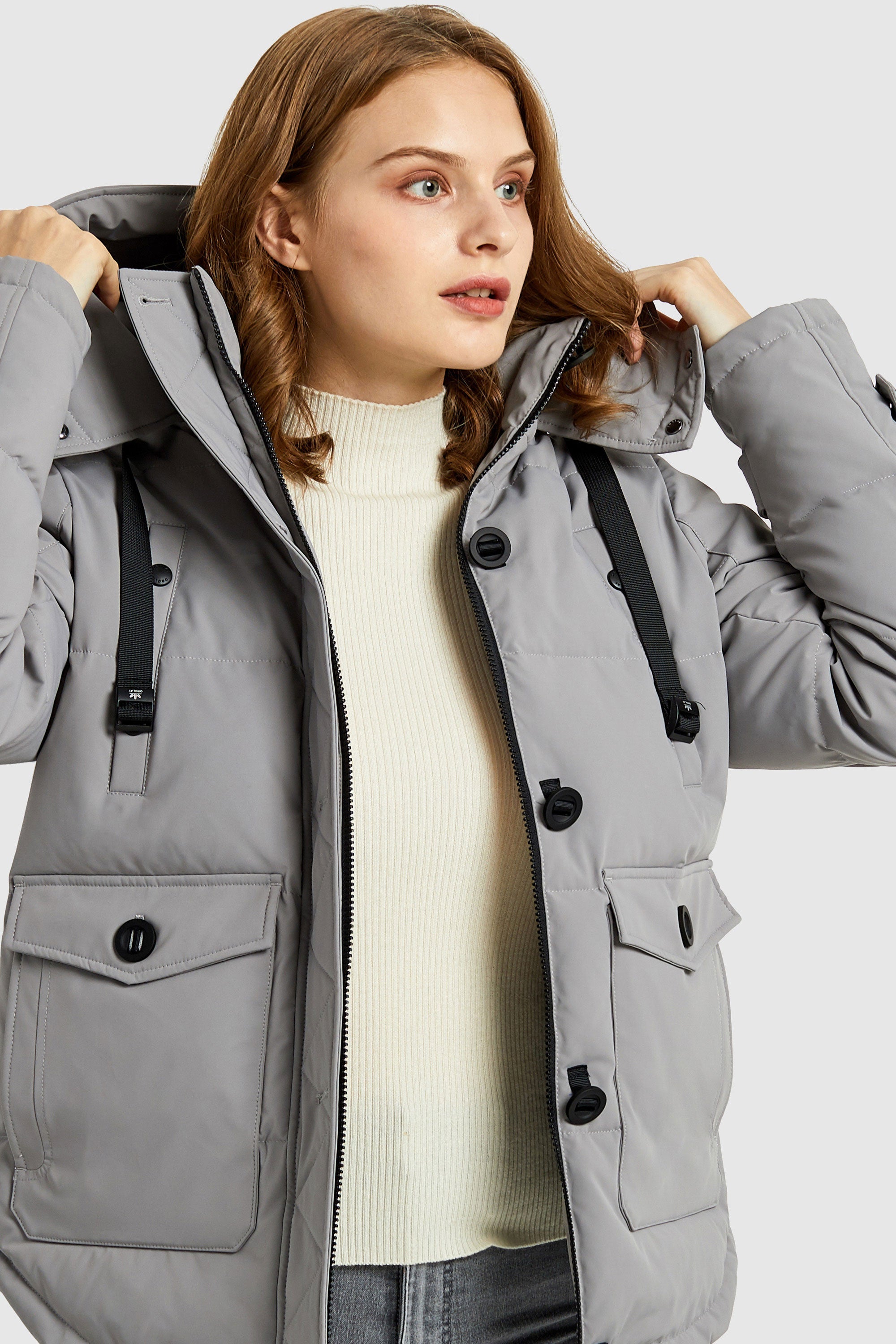 Orolay-Hooded Down Jacket with Pockets-#color_Quiet Gray