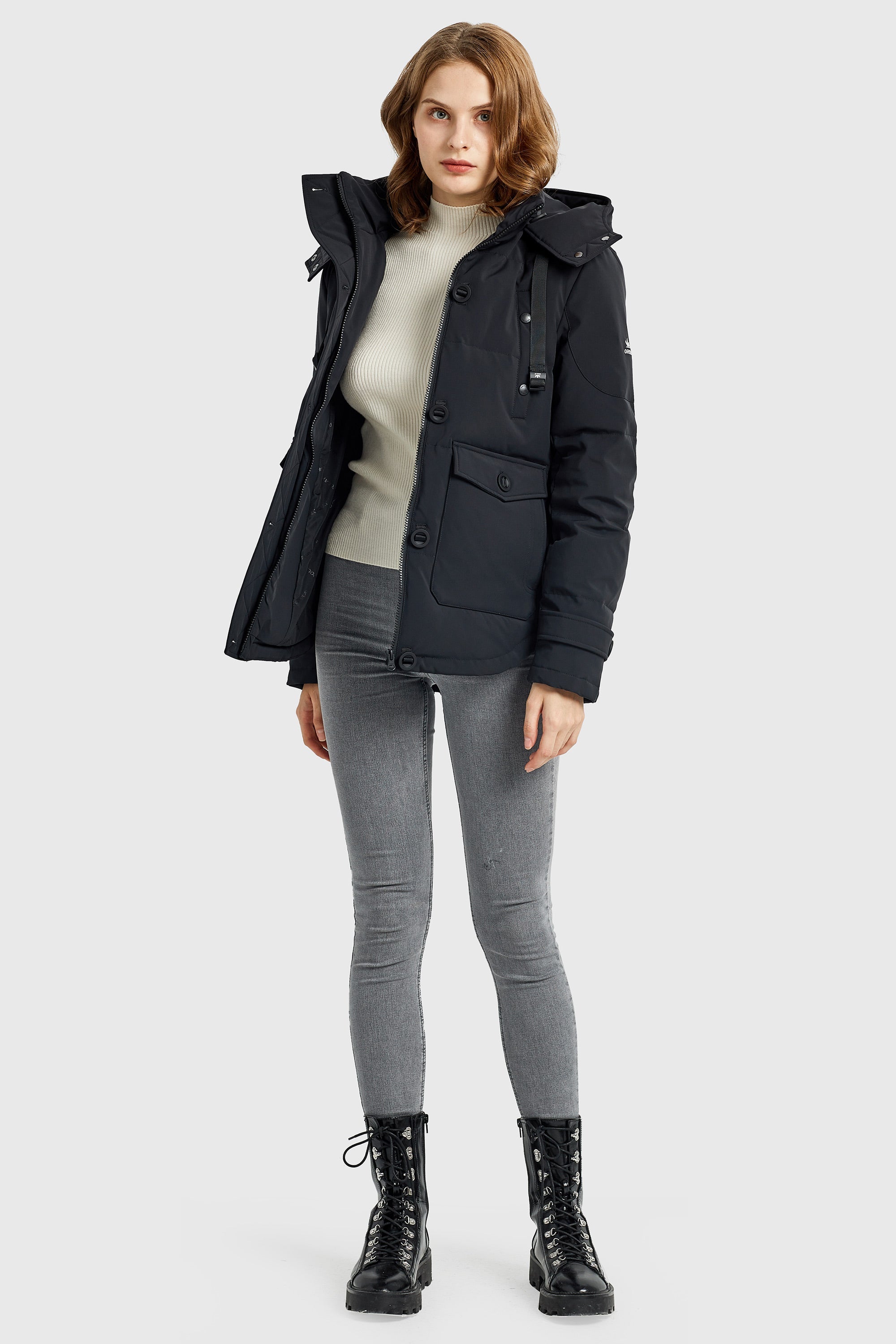 Orolay-Hooded Down Jacket with Pockets-#color_Black