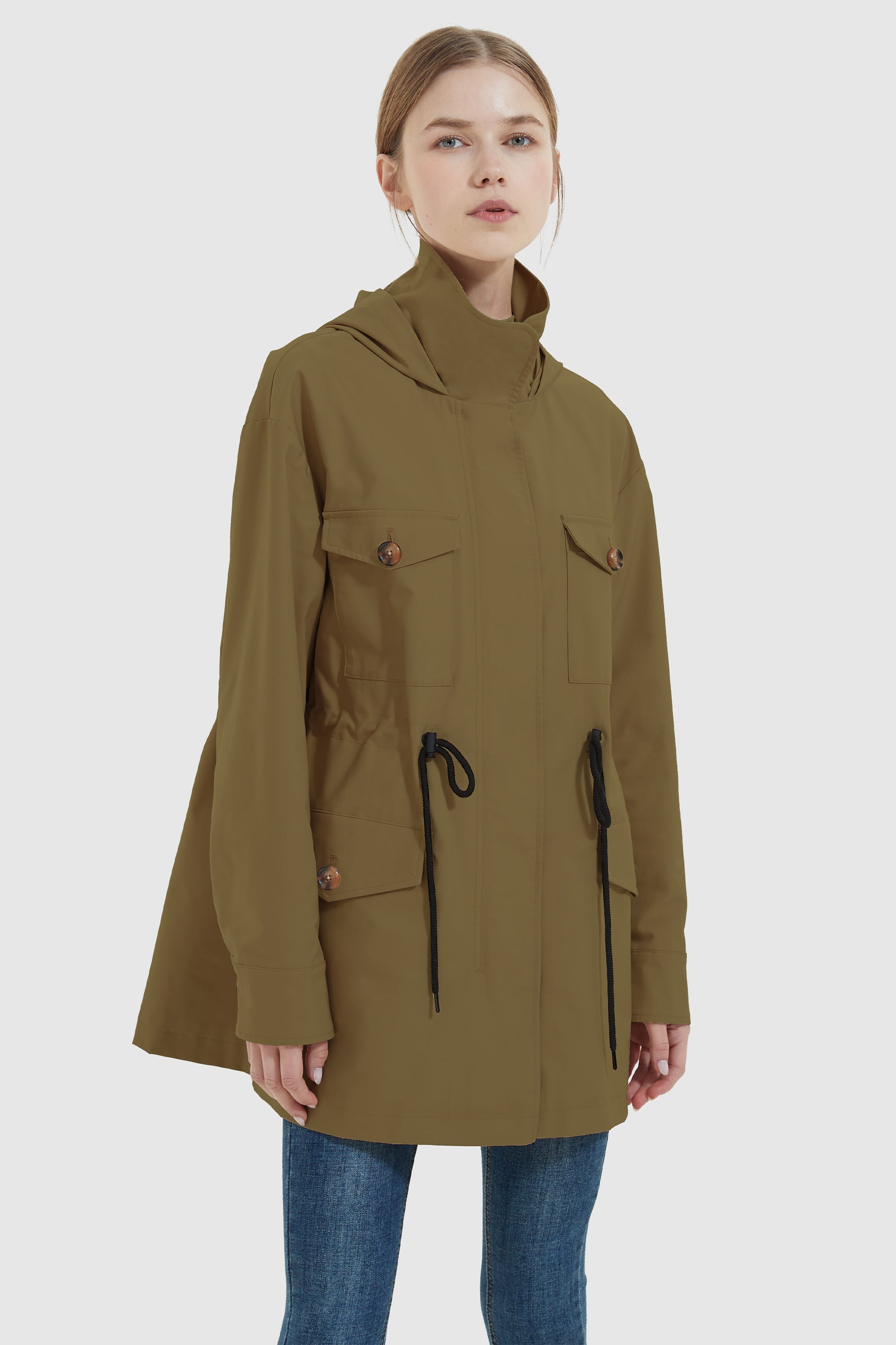 Orolay-Hooded Drawstring Waist Windbreaker-#color_Breen