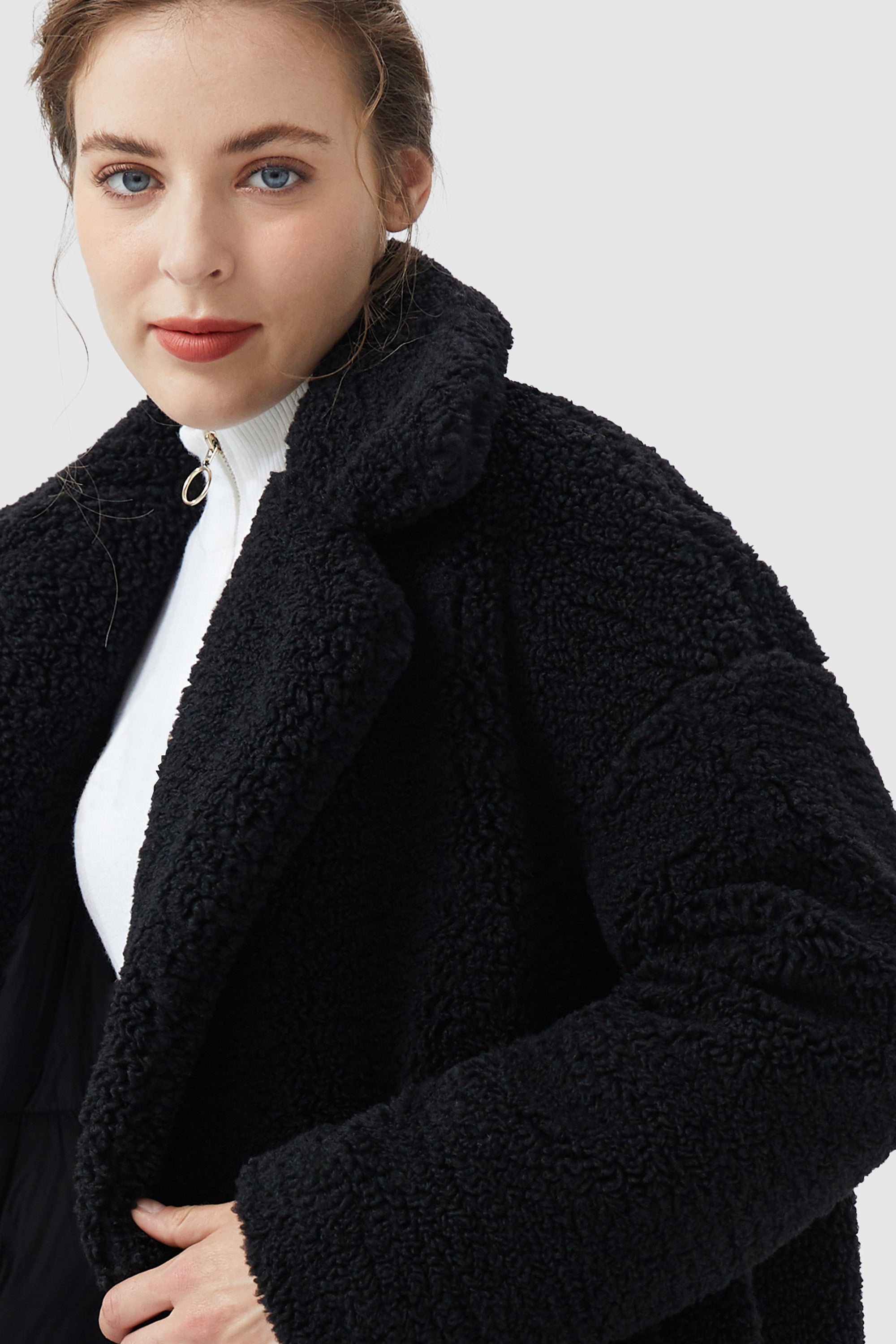 Orolay-Knee-Length Fleece Lapel Down Coat-#color_Black