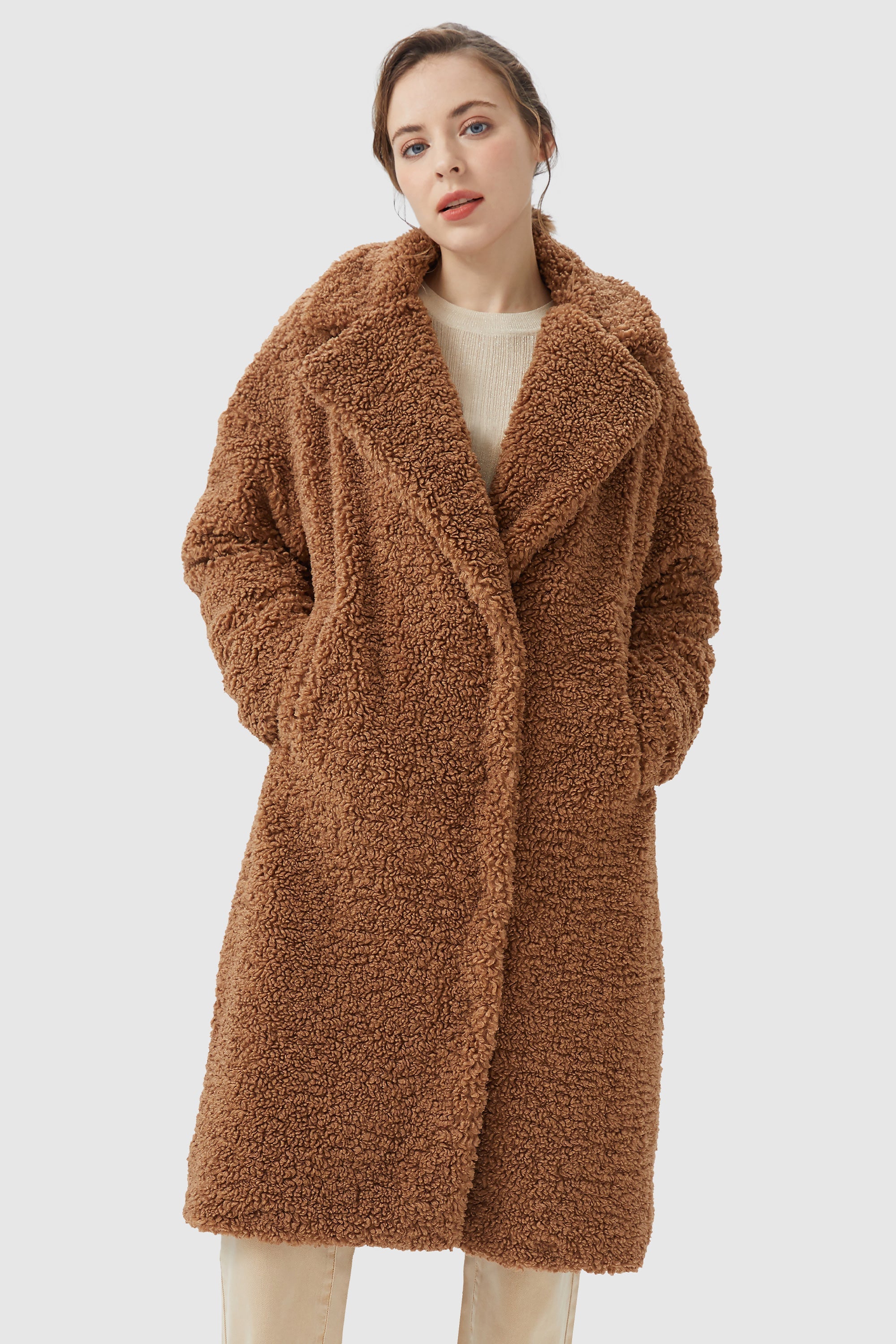 Orolay-Knee-Length Fleece Lapel Down Coat-#color_Nuthatch