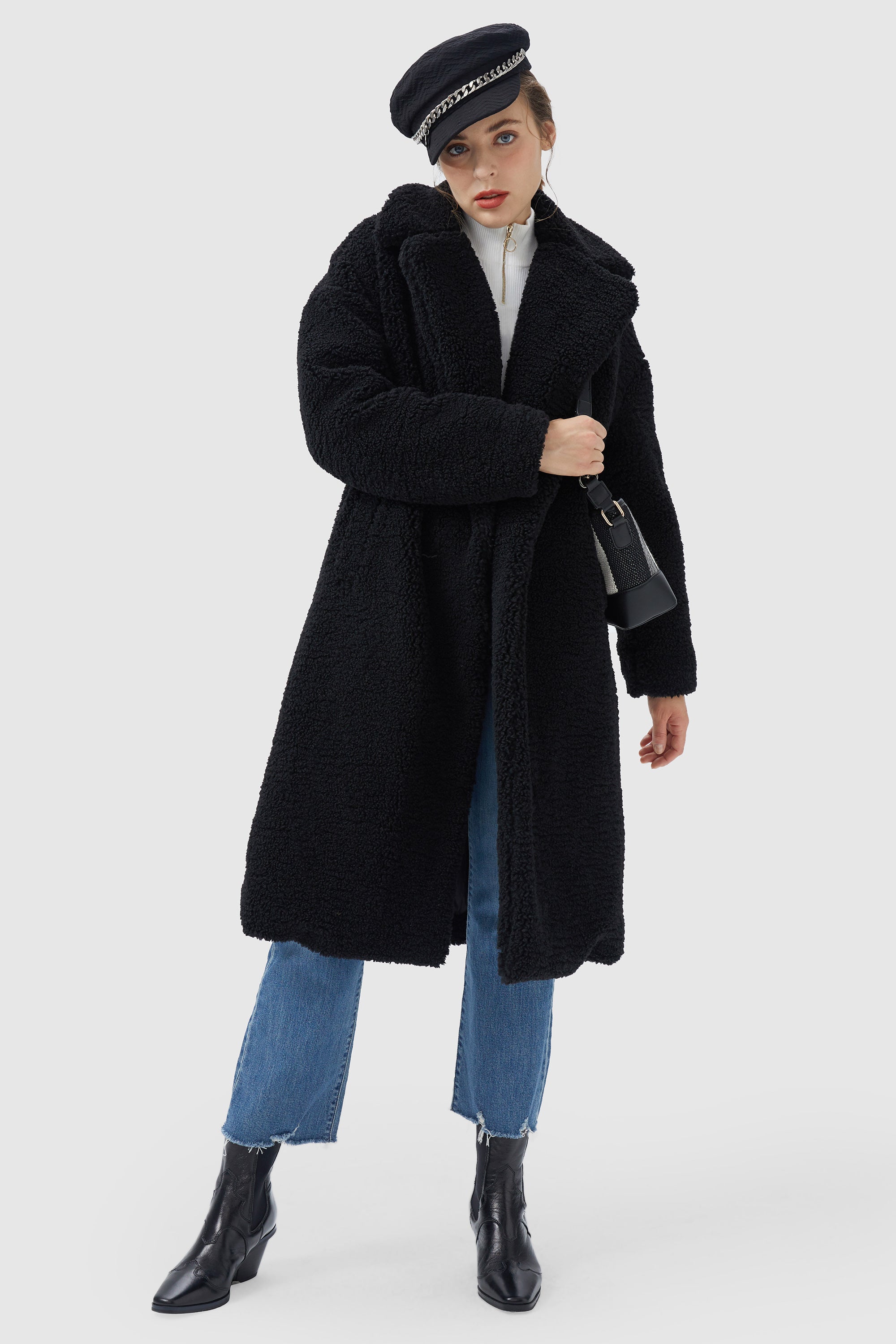 Orolay-Knee-Length Fleece Lapel Down Coat-#color_Black