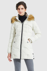 Orolay-Light Down Jacket Fur Trim Hooded Coat-#color_White