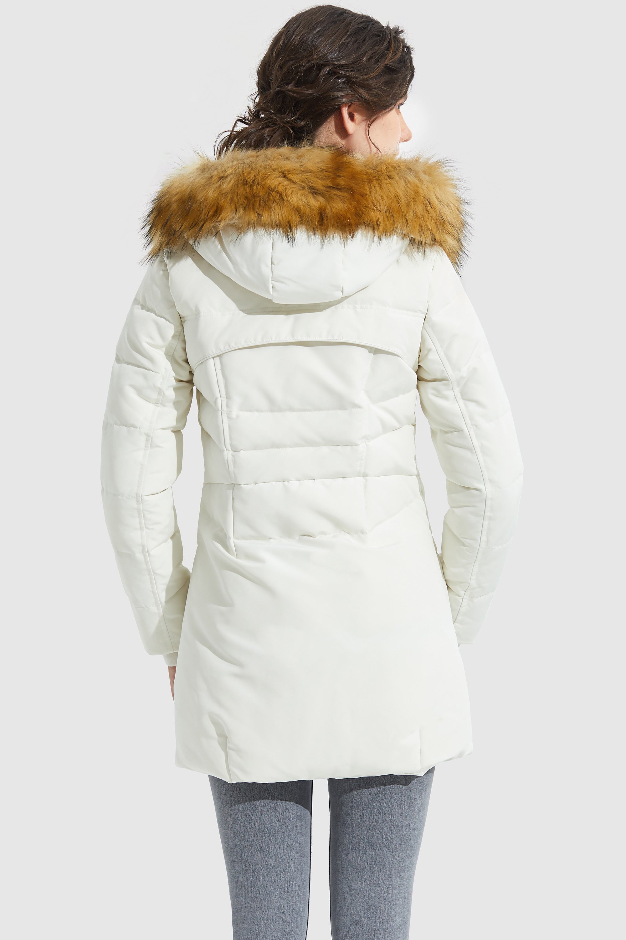 Orolay-Light Down Jacket Fur Trim Hooded Coat-#color_White