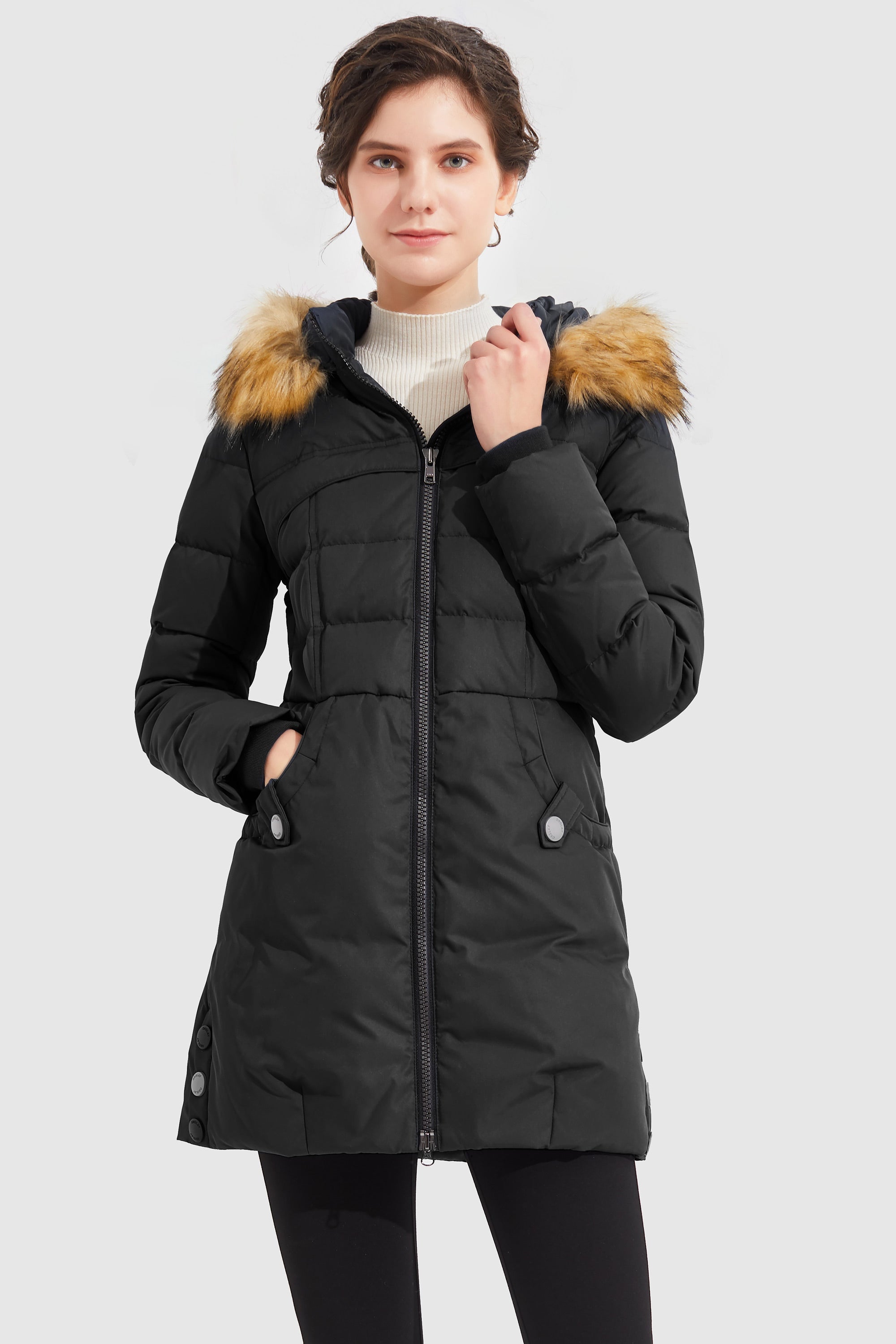 Orolay-Light Down Jacket Fur Trim Hooded Coat-#color_Black