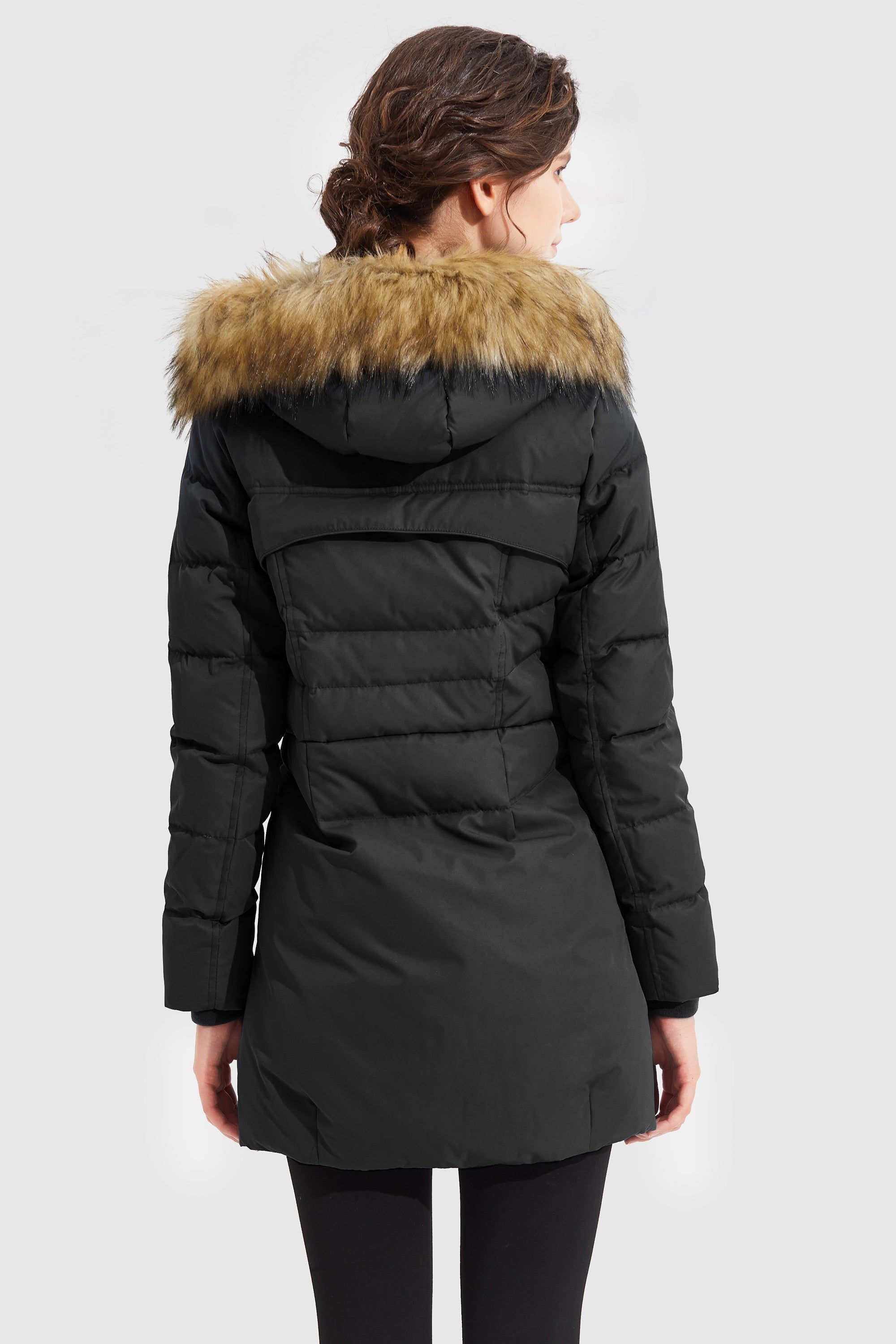 Orolay-Light Down Jacket Fur Trim Hooded Coat-#color_Black