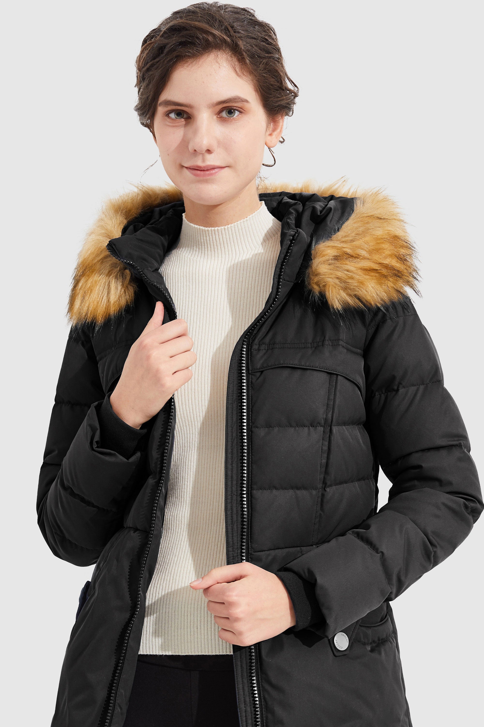 Orolay-Light Down Jacket Fur Trim Hooded Coat-#color_Black