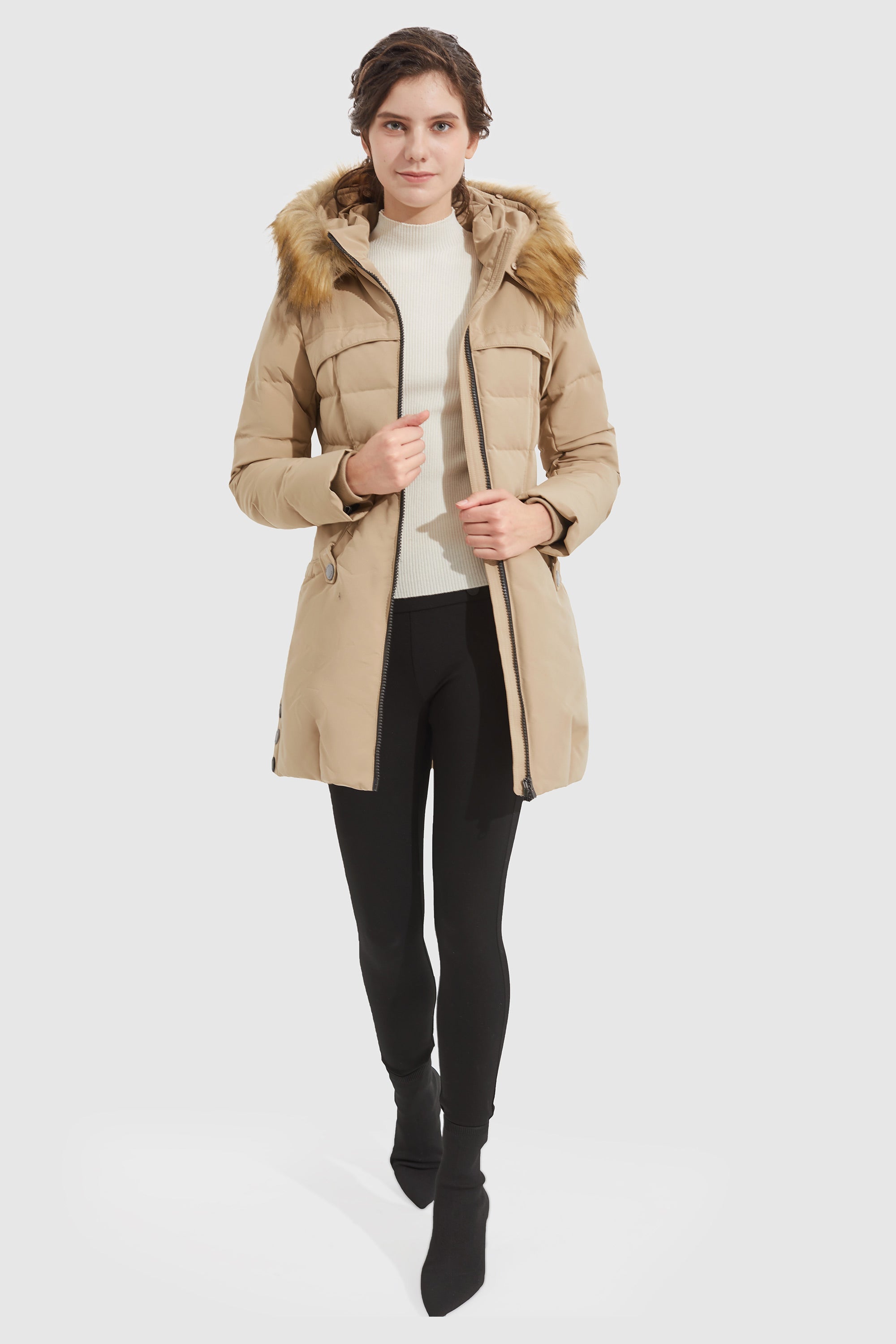 Orolay-Light Down Jacket Fur Trim Hooded Coat-#color_Toasted Almond