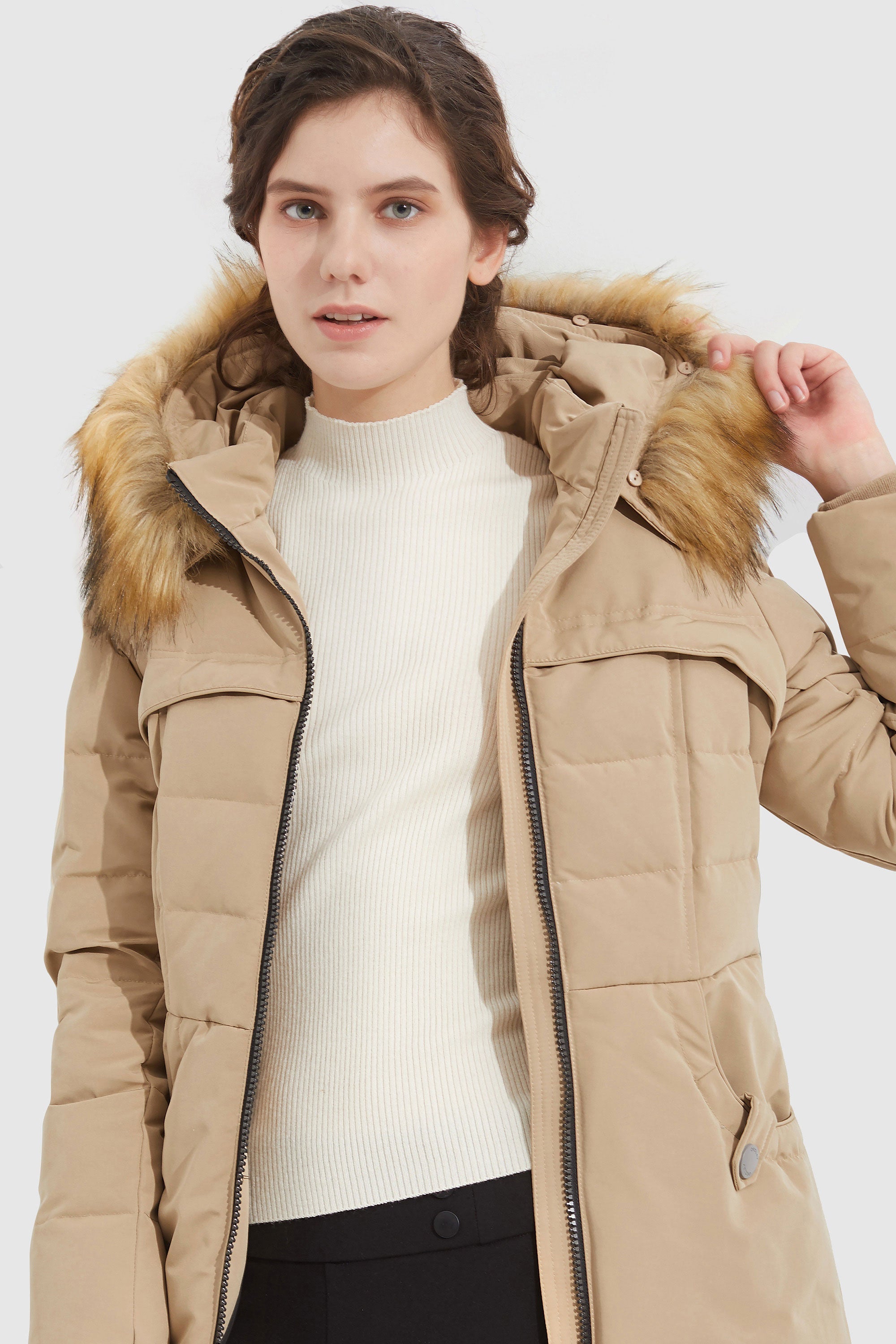 Orolay-Light Down Jacket Fur Trim Hooded Coat-#color_Toasted Almond