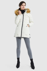 Orolay-Light Down Jacket Fur Trim Hooded Coat-#color_White