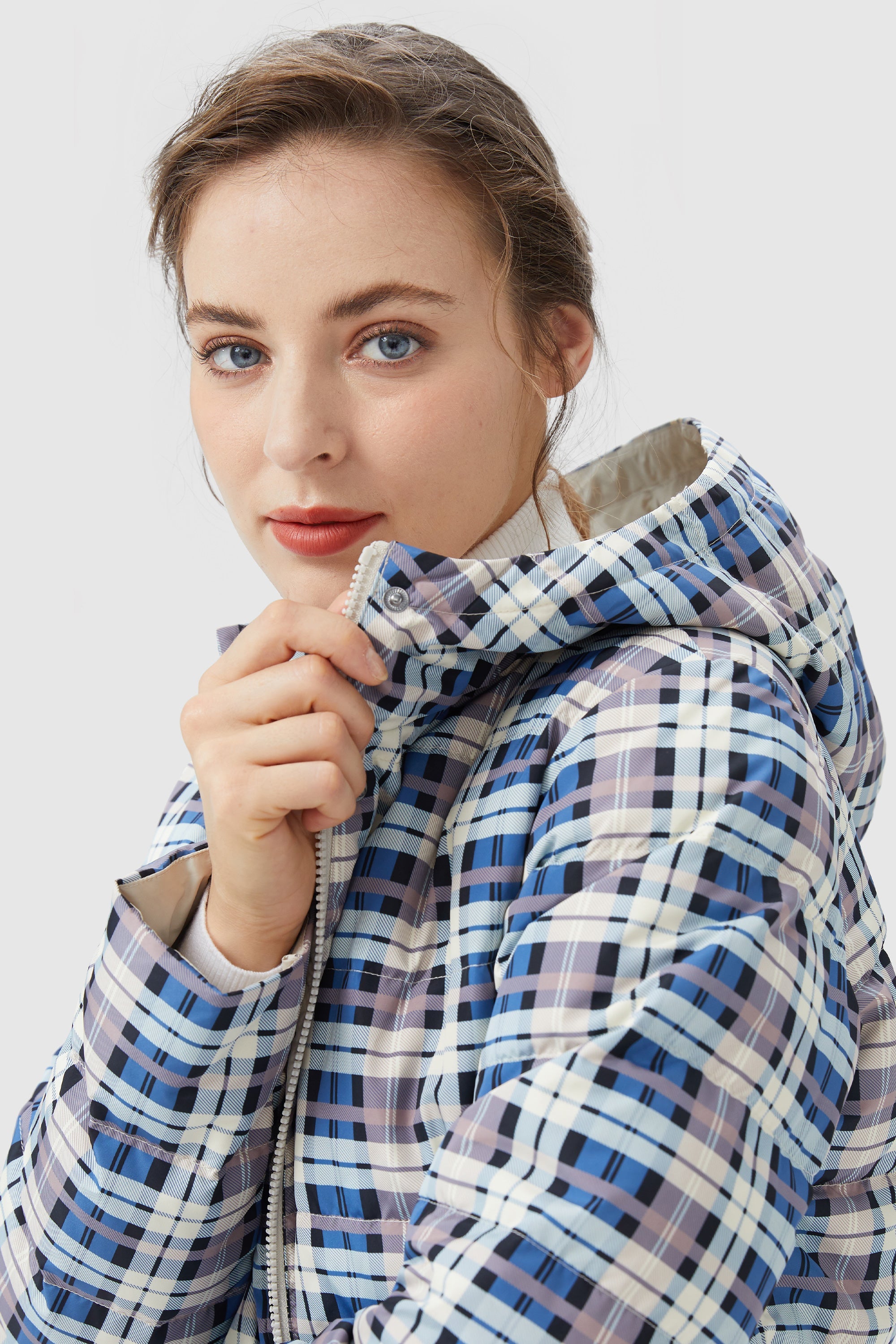 Orolay-Lightweight Reversible Down Jacket with Hood-#color_Blue&White Plaid