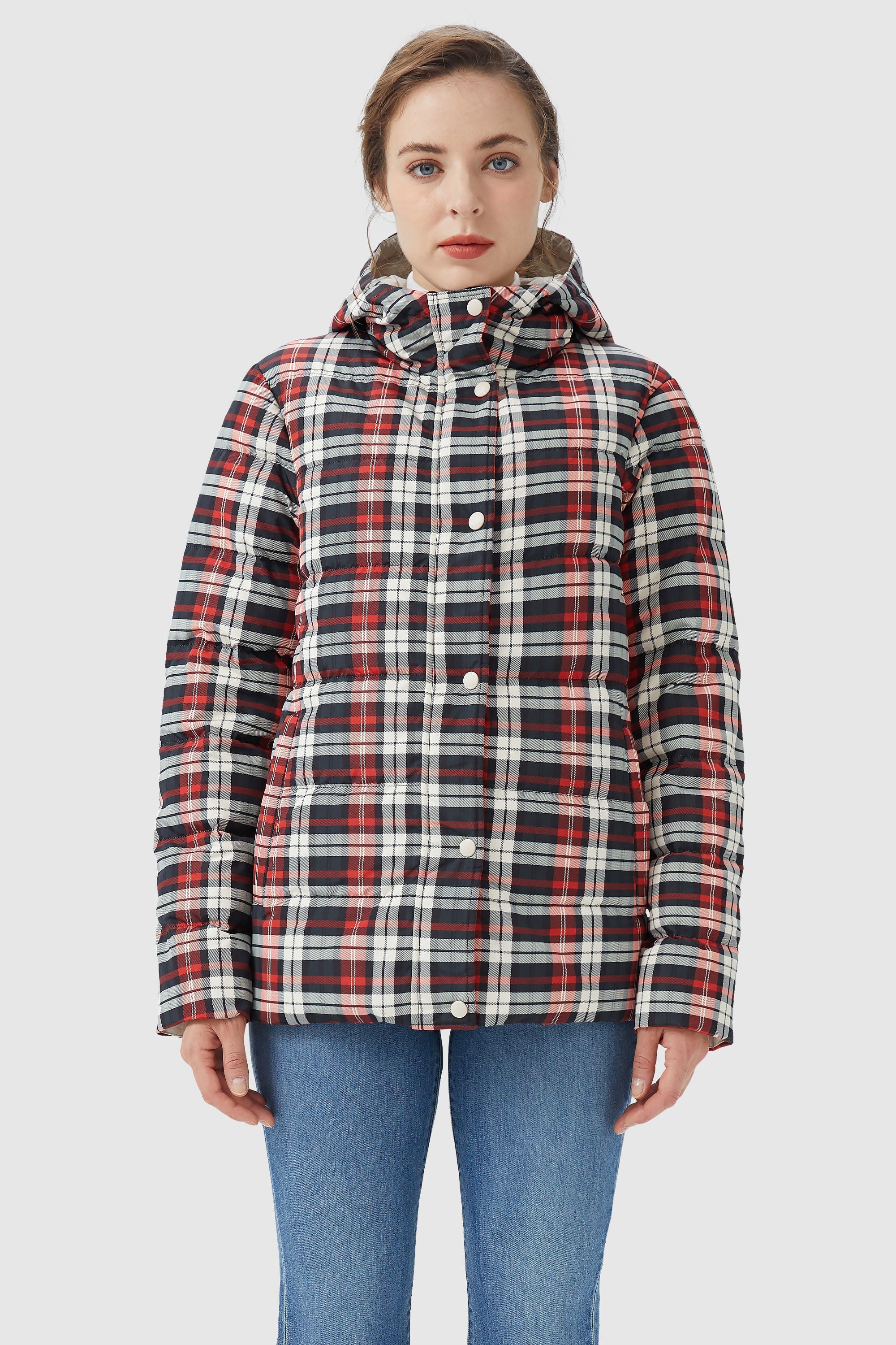 Orolay-Lightweight Reversible Down Jacket with Hood-#color_Red&White Plaid