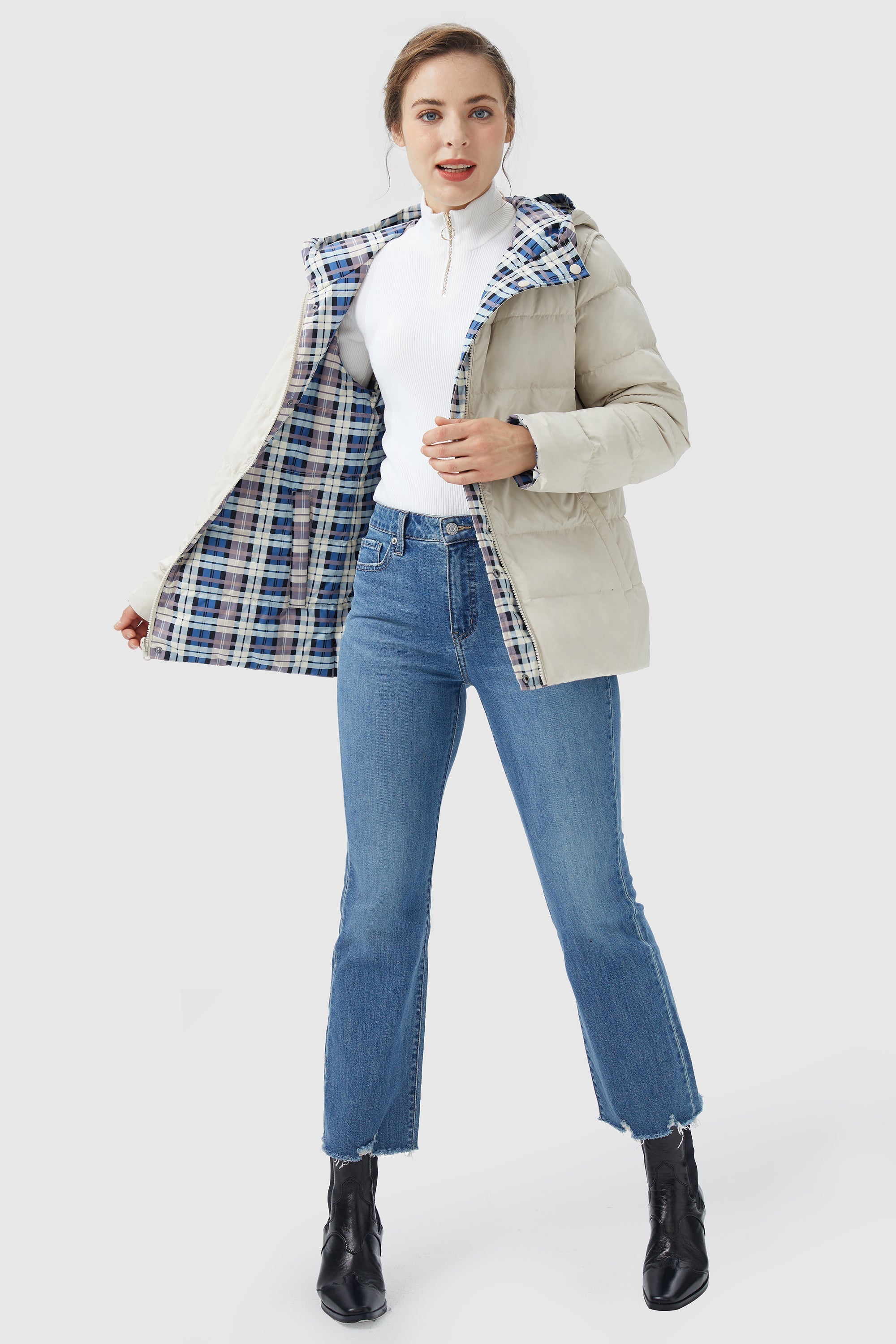 Orolay-Lightweight Reversible Down Jacket with Hood-#color_Blue&White Plaid