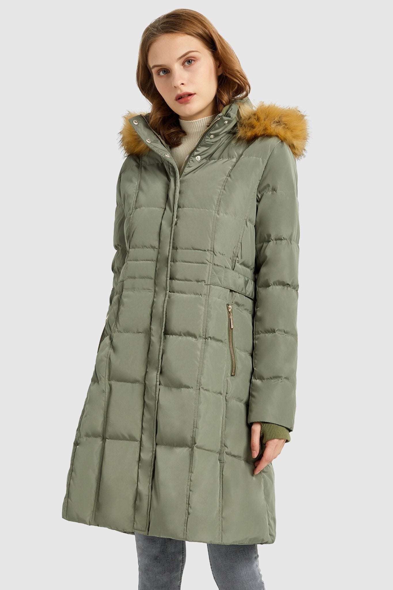 Orolay-Long Faux Fur Hooded Down Coat-Long Faux Fur Hooded Down Coat - Orolay, #color_Sage Green