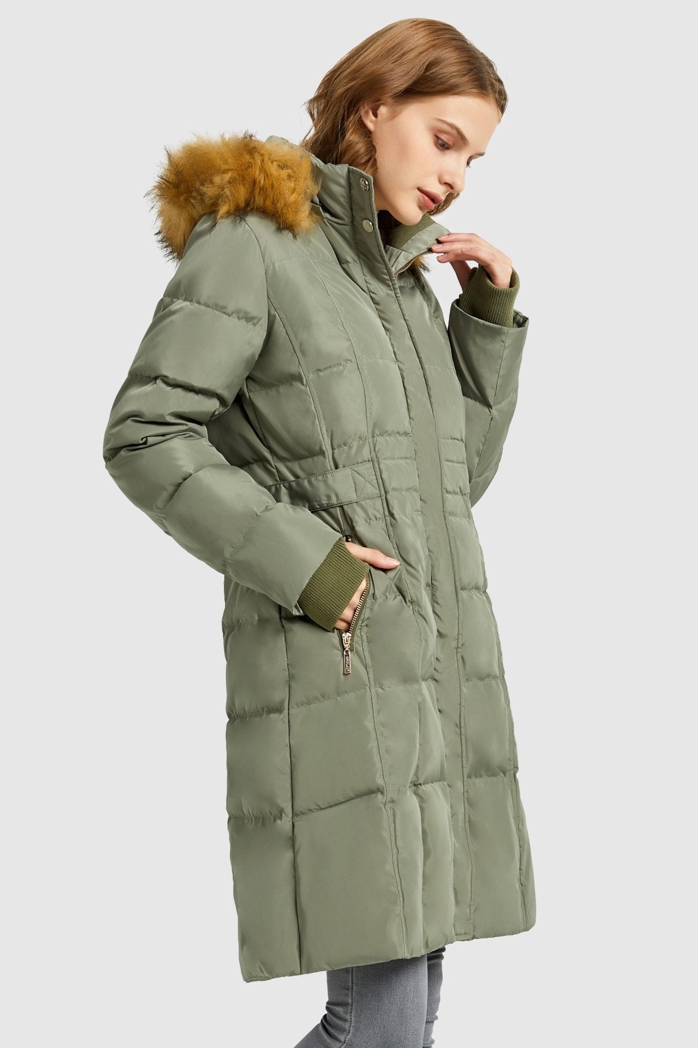 Orolay-Long Faux Fur Hooded Down Coat-Long Faux Fur Hooded Down Coat - Orolay, #color_Sage Green