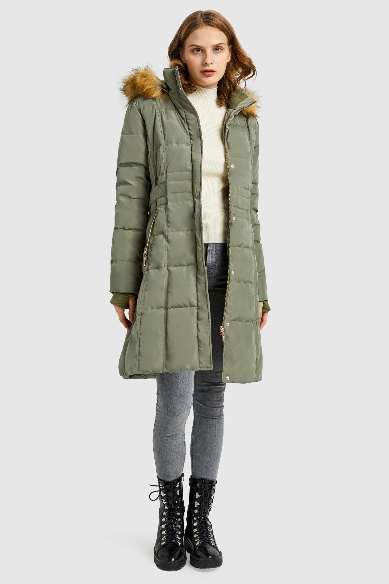 Orolay-Long Faux Fur Hooded Down Coat-Long Faux Fur Hooded Down Coat - Orolay, #color_Sage Green