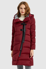 Orolay-Long Hooded Asymmetric Puffer Jacket-#color_Red Dahlia