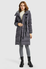 Orolay-Long Hooded Asymmetric Puffer Jacket-#color_Odyssey Gray