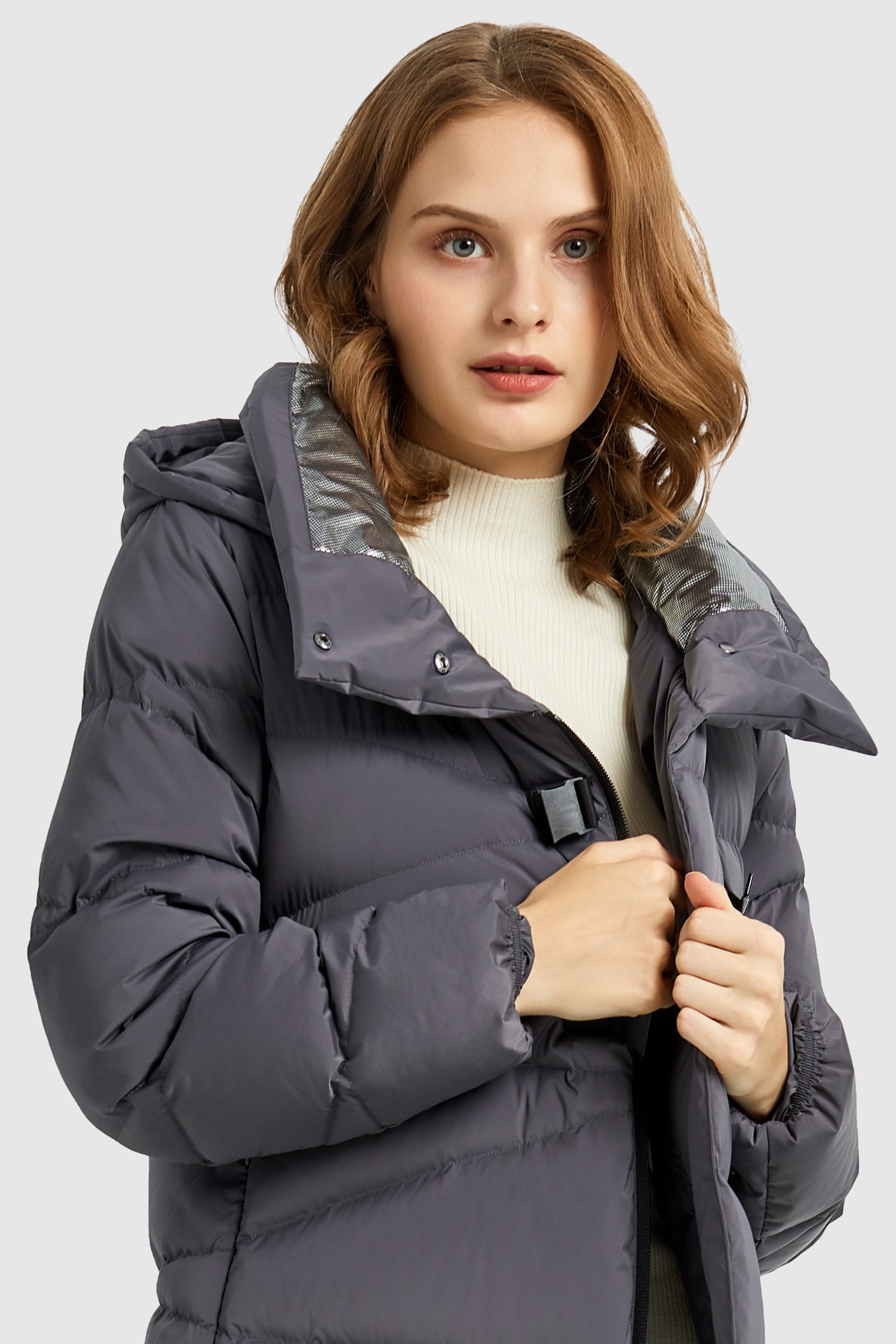 Orolay-Long Hooded Asymmetric Puffer Jacket-#color_Odyssey Gray