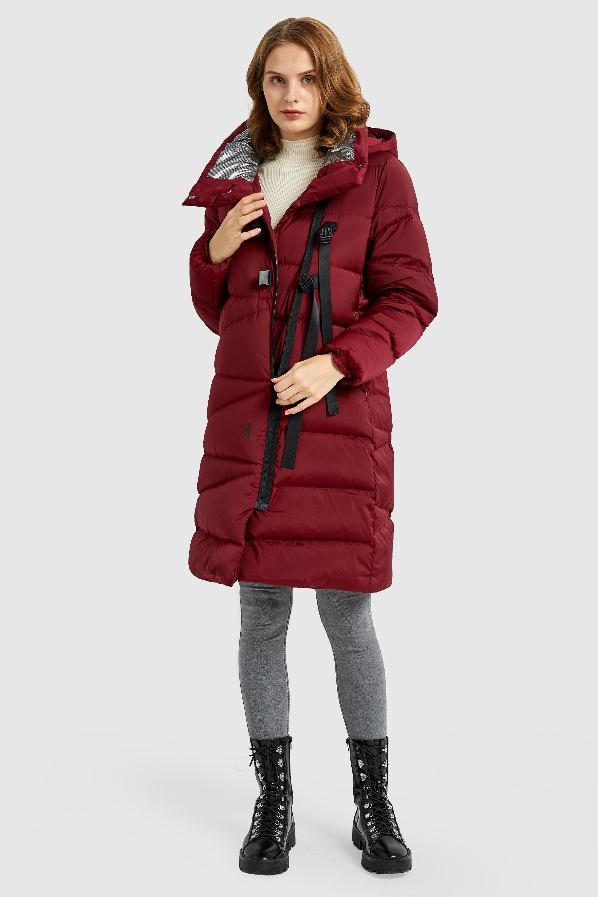 Orolay-Long Hooded Asymmetric Puffer Jacket-#color_Red Dahlia