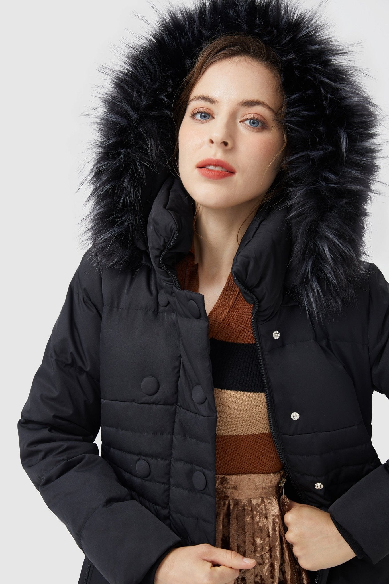 Orolay-Long Puffer Coat with Hood Fur-Long Puffer Coat with Hood Fur - Orolay, #color_Black