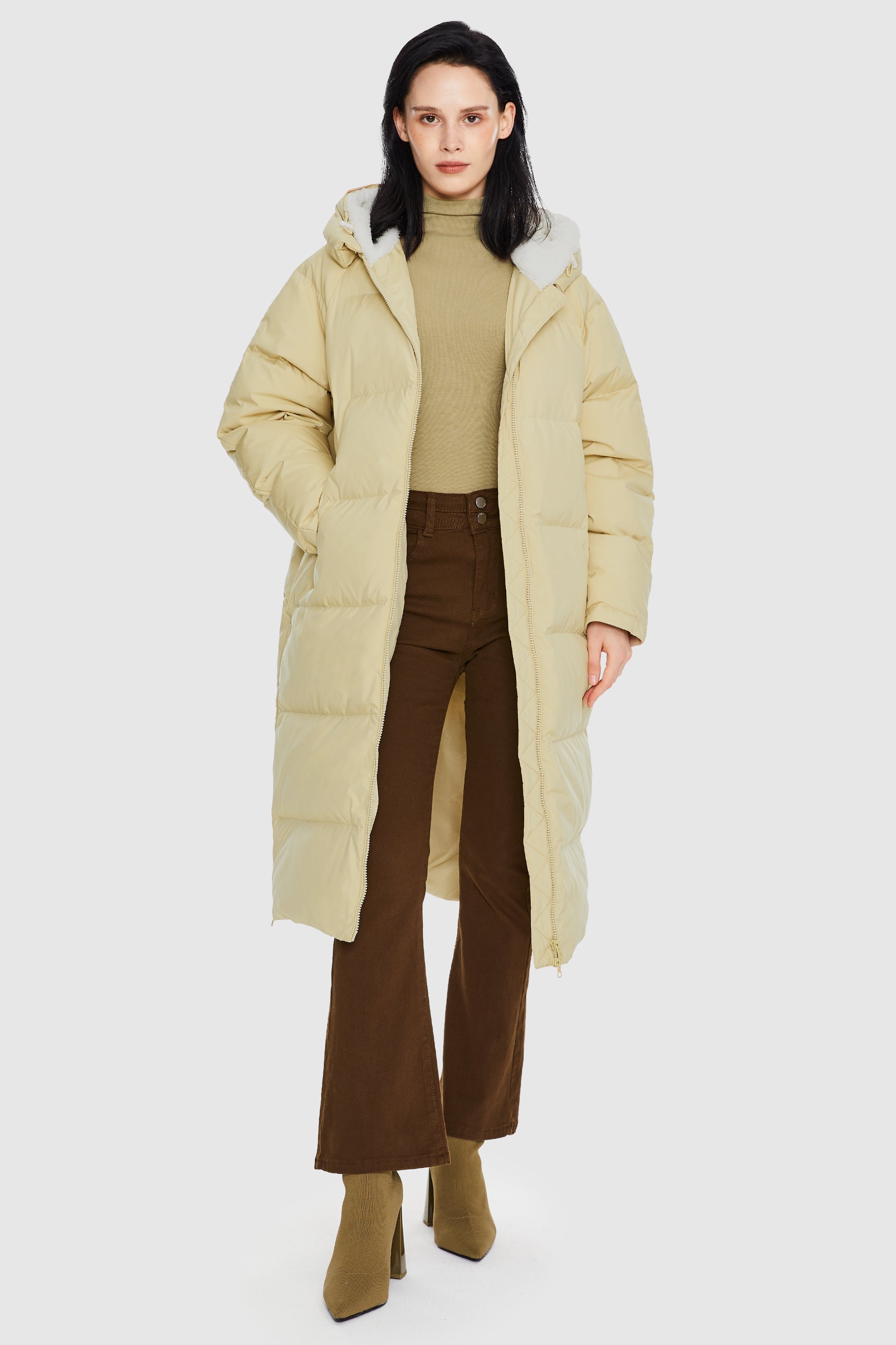 Orolay-Long Puffer Down Jacket with Hem Slit-#color_Almond Oil