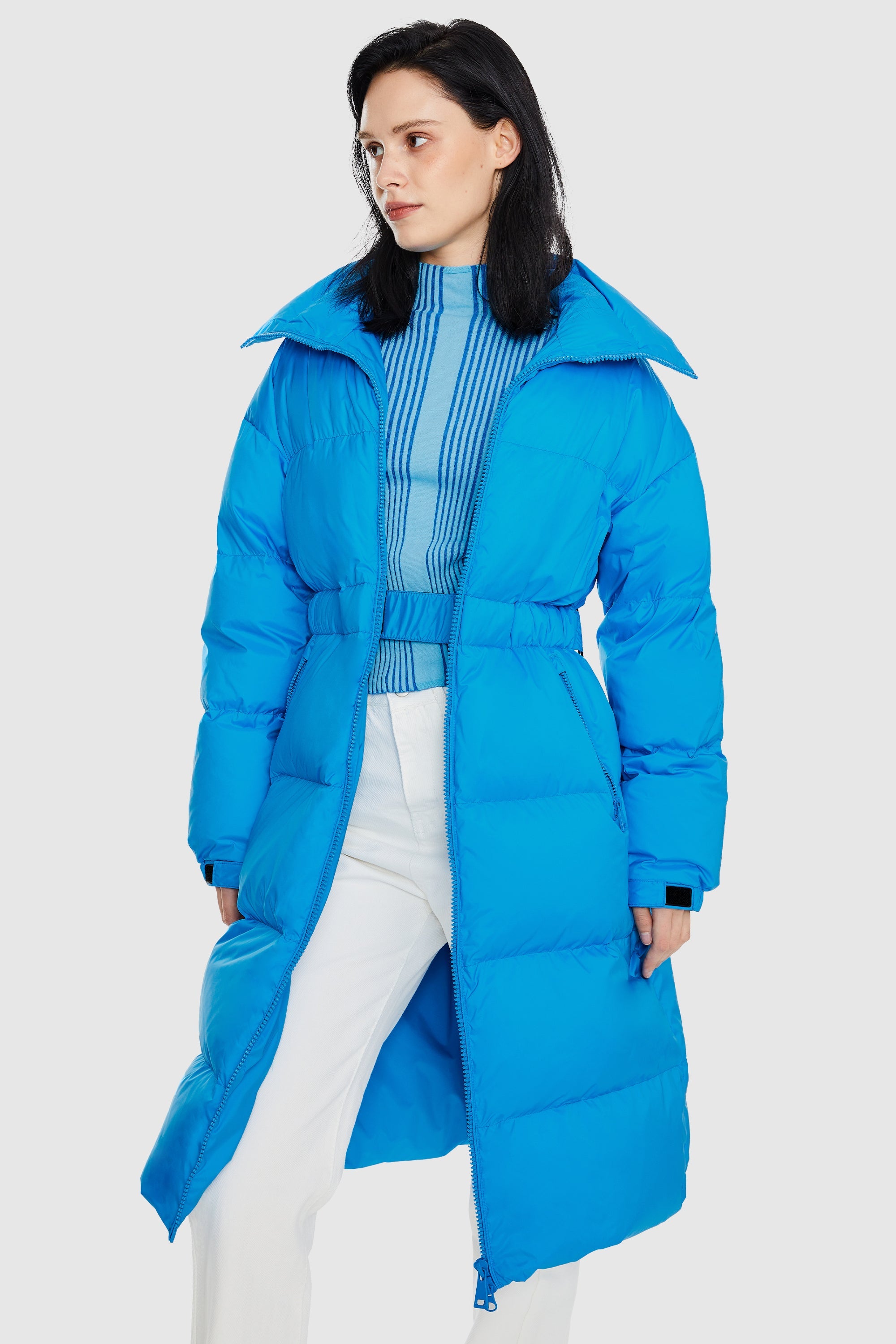 Orolay-Long Puffer Jacket with Velcro Belt-#color_Marina