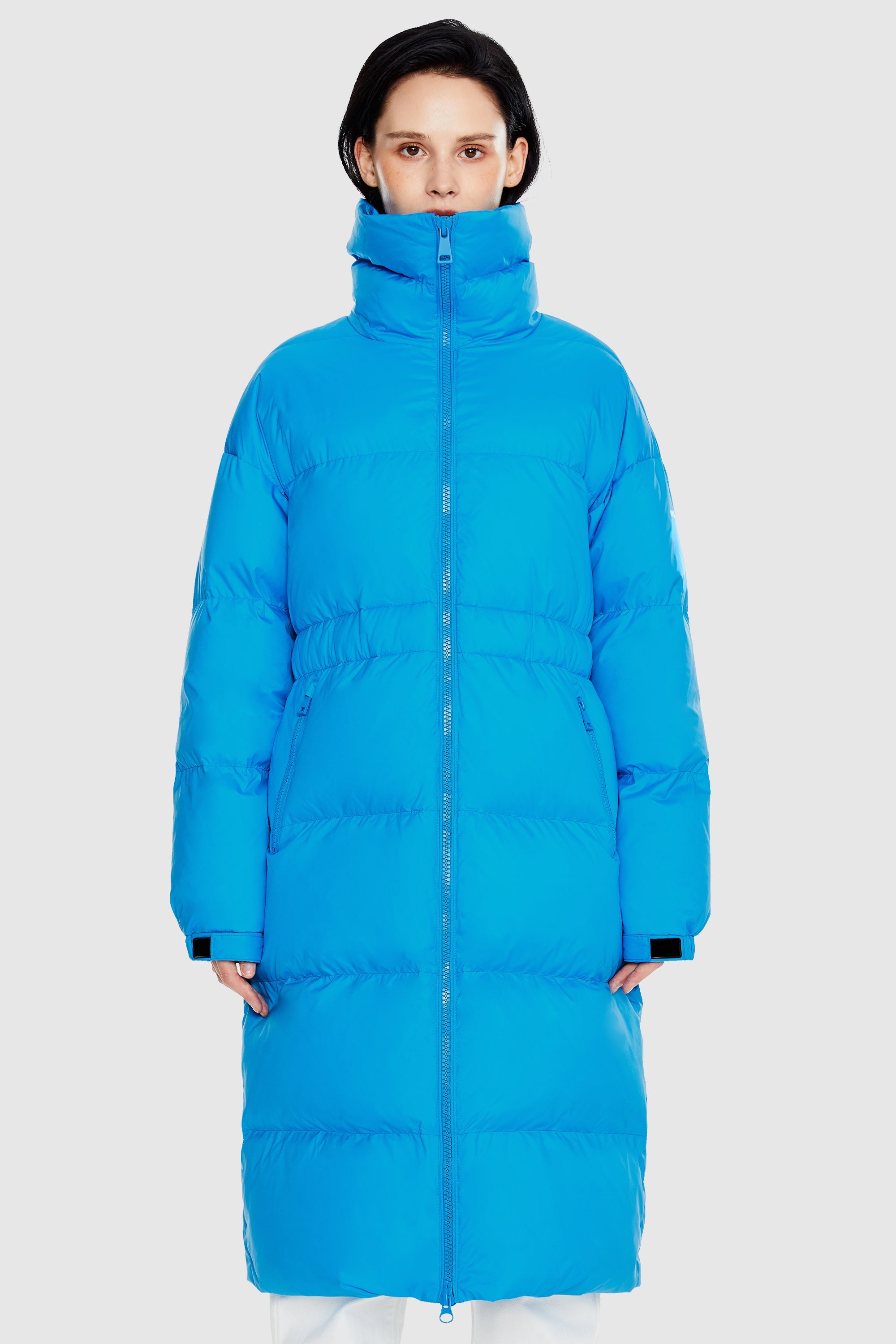 Orolay-Long Puffer Jacket with Velcro Belt-#color_Marina