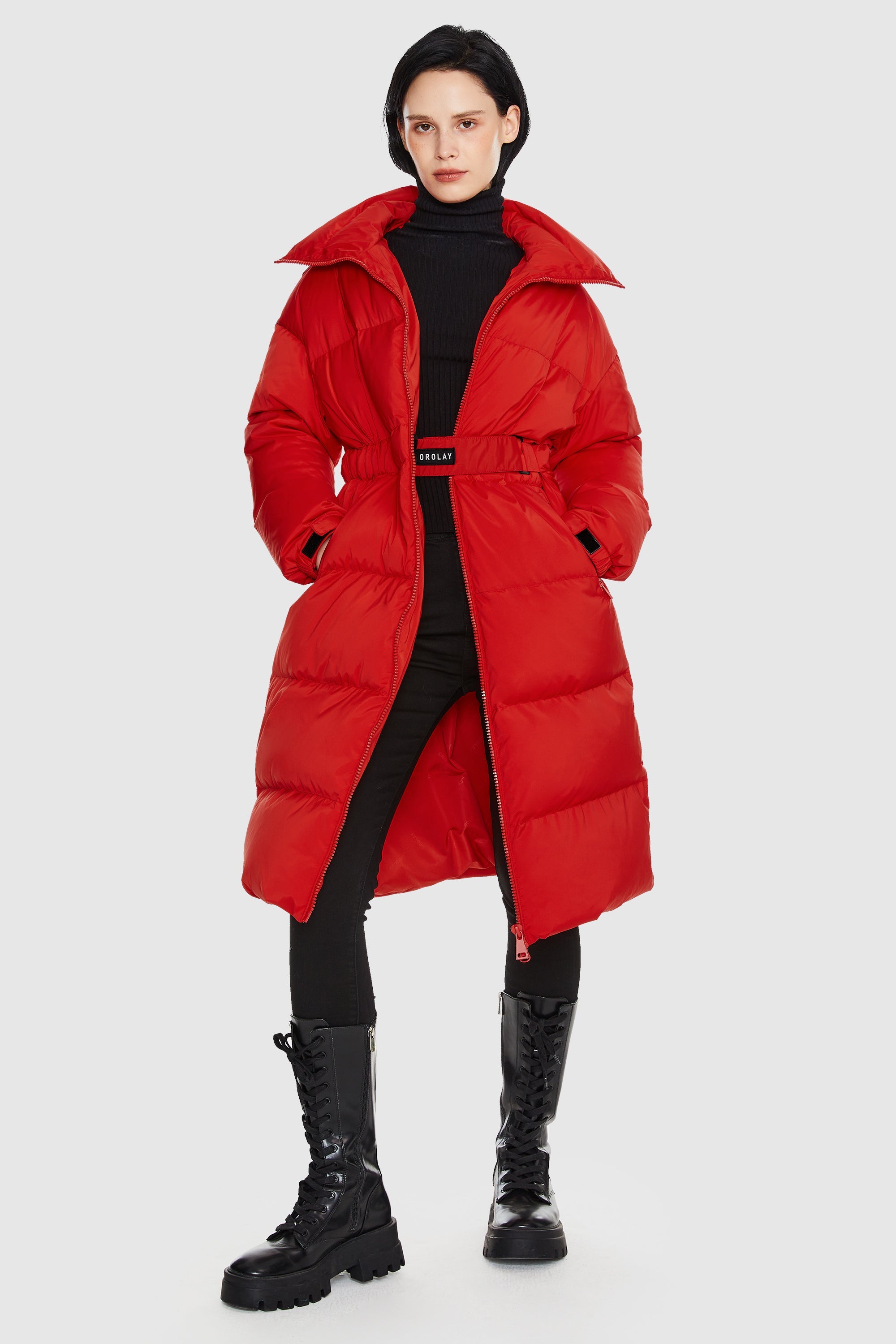 Orolay-Long Puffer Jacket with Velcro Belt-#color_Racing Red