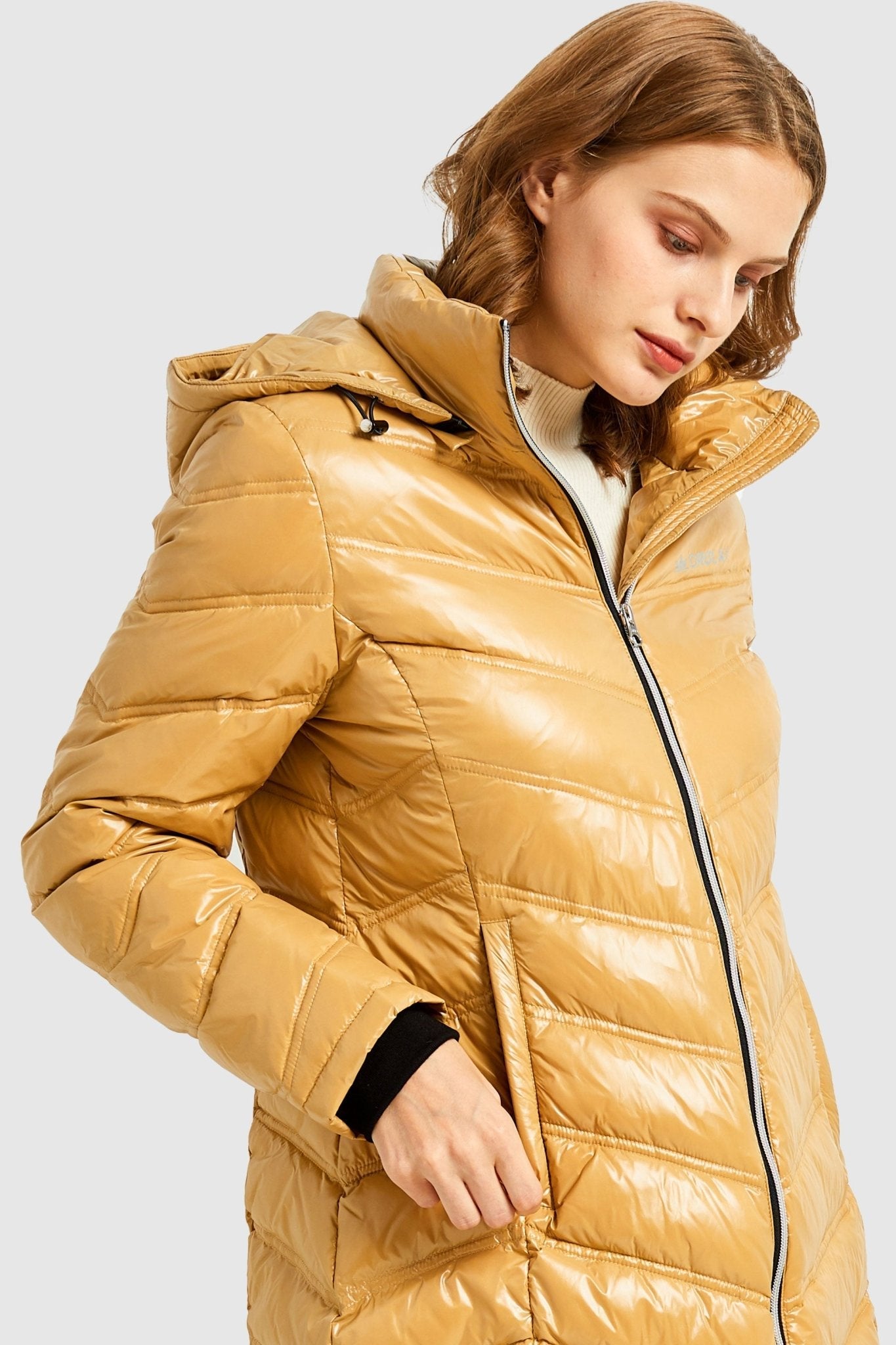 Orolay-Long Quilted Hooded Puffer Down Jacket-Long Quilted Hooded Puffer Down Jacket - Orolay, #color_Golden Cream