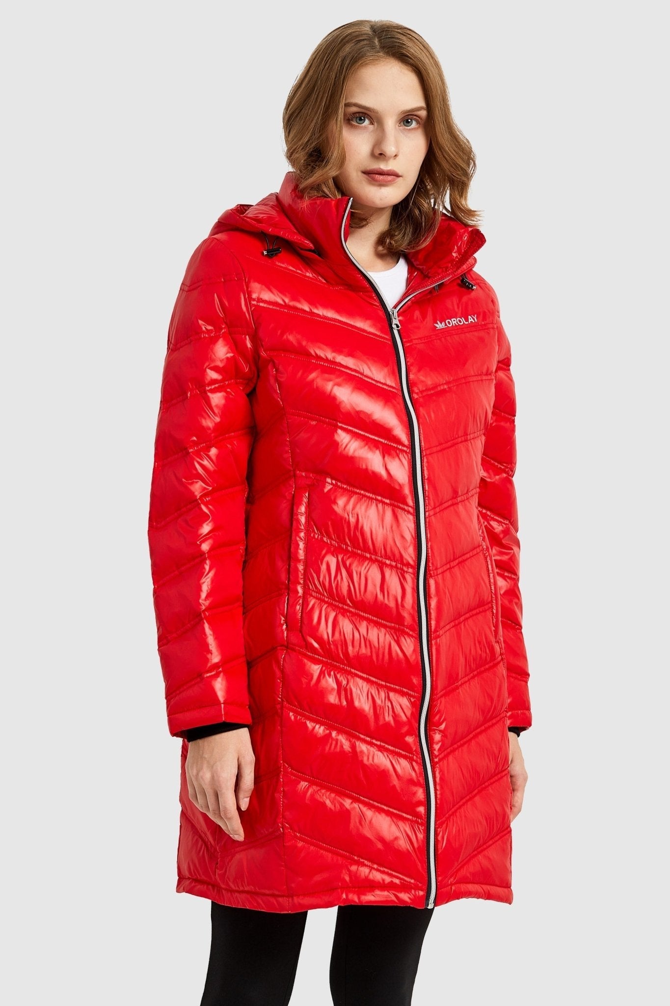 Orolay-Long Quilted Hooded Puffer Down Jacket-Long Quilted Hooded Puffer Down Jacket - Orolay, #color_Cherry Tomato