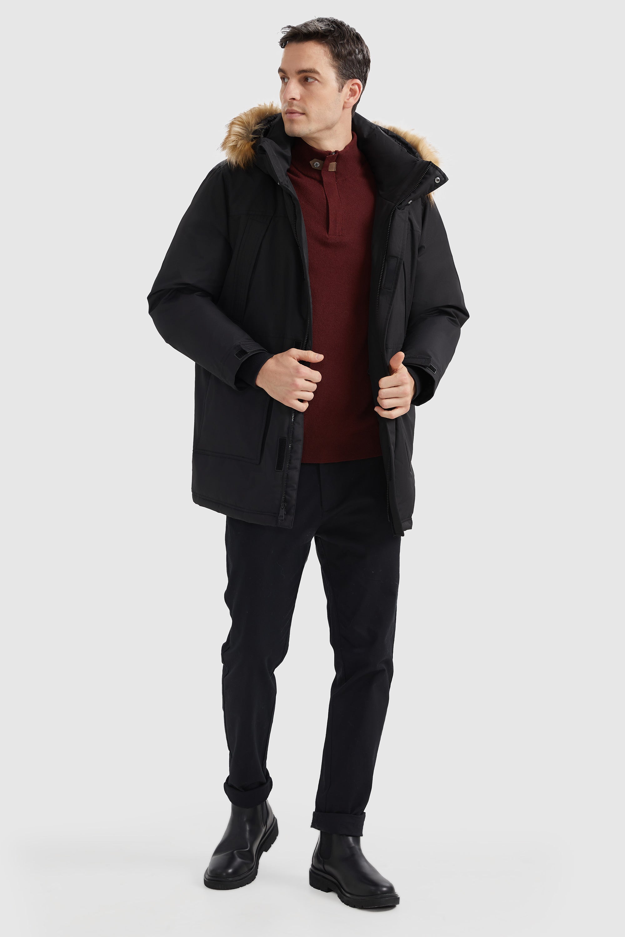 Orolay-Mid-Length Insulated Hooded Down Coat-#color_Black