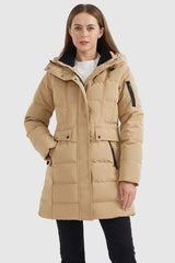 Orolay-Mid Length Slant Pocket Puffer Jacket-#color_Sand