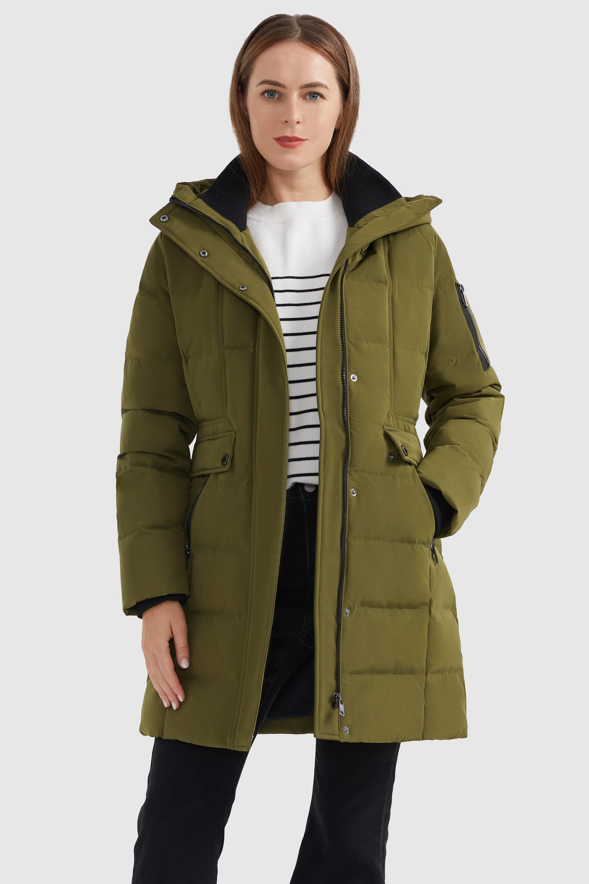 Orolay-Mid Length Slant Pocket Puffer Jacket-#color_Fir Green