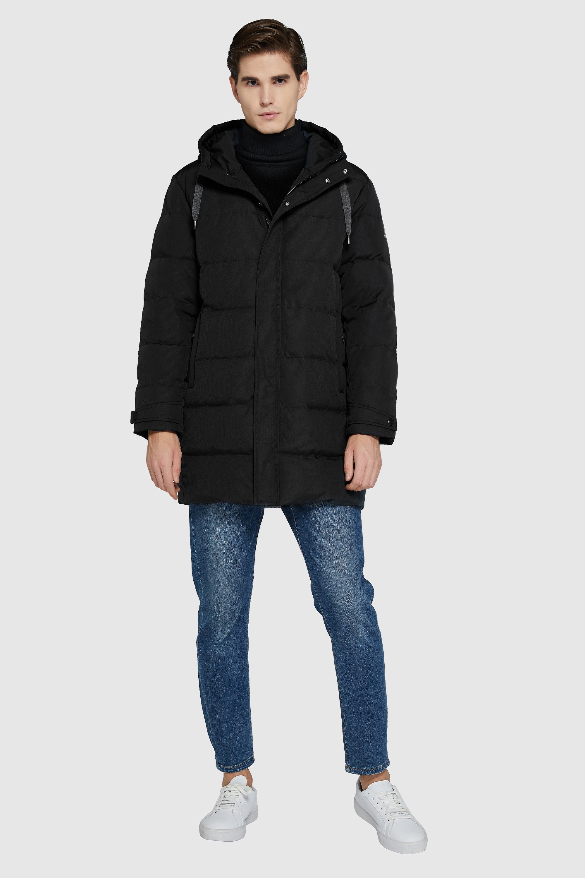 Orolay-Mid-Length Warm Hooded Puffer Down Jacket-#color_Black