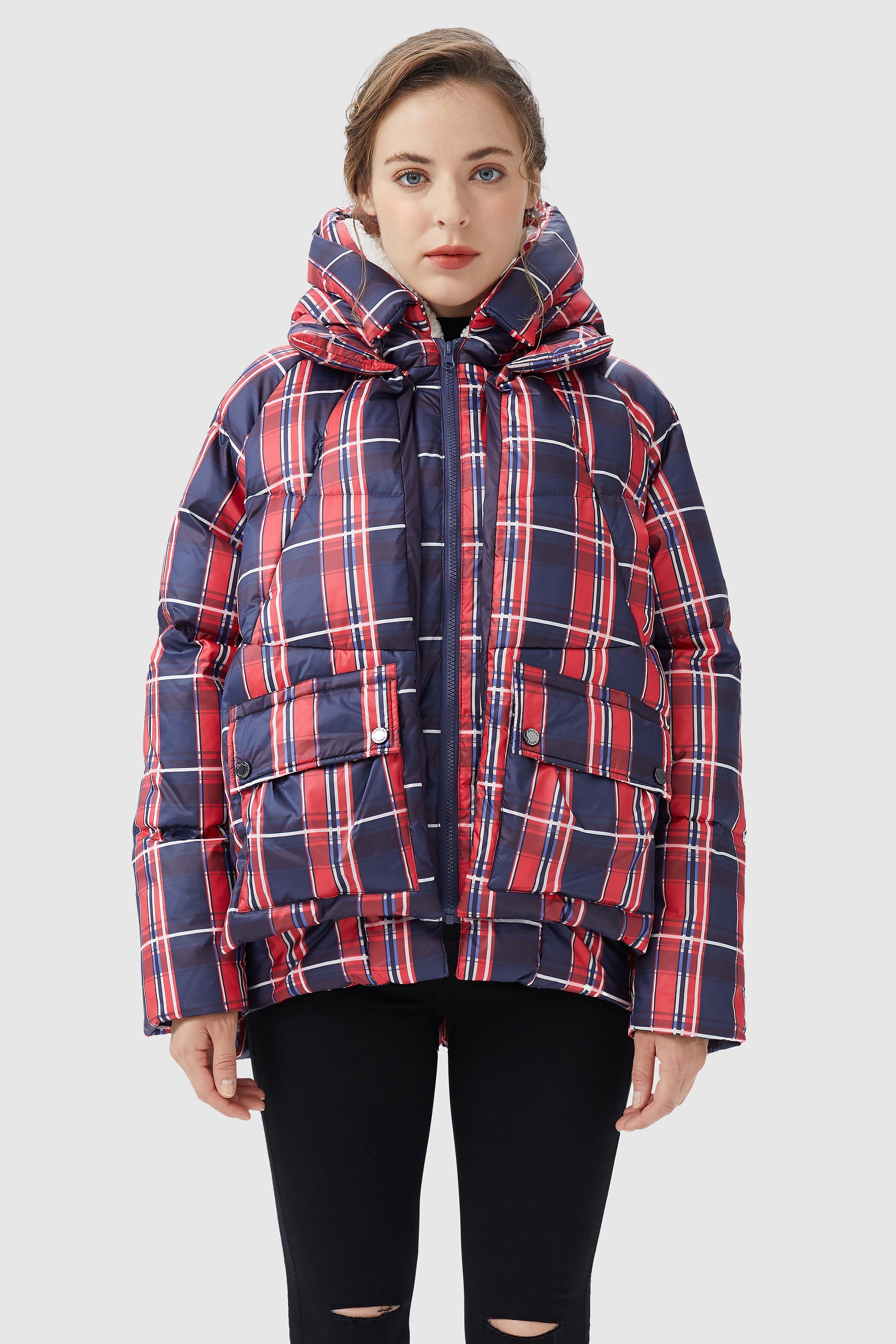 Orolay-Multi-Pockets Plaid Puffer Jacket-#color_Red plaid