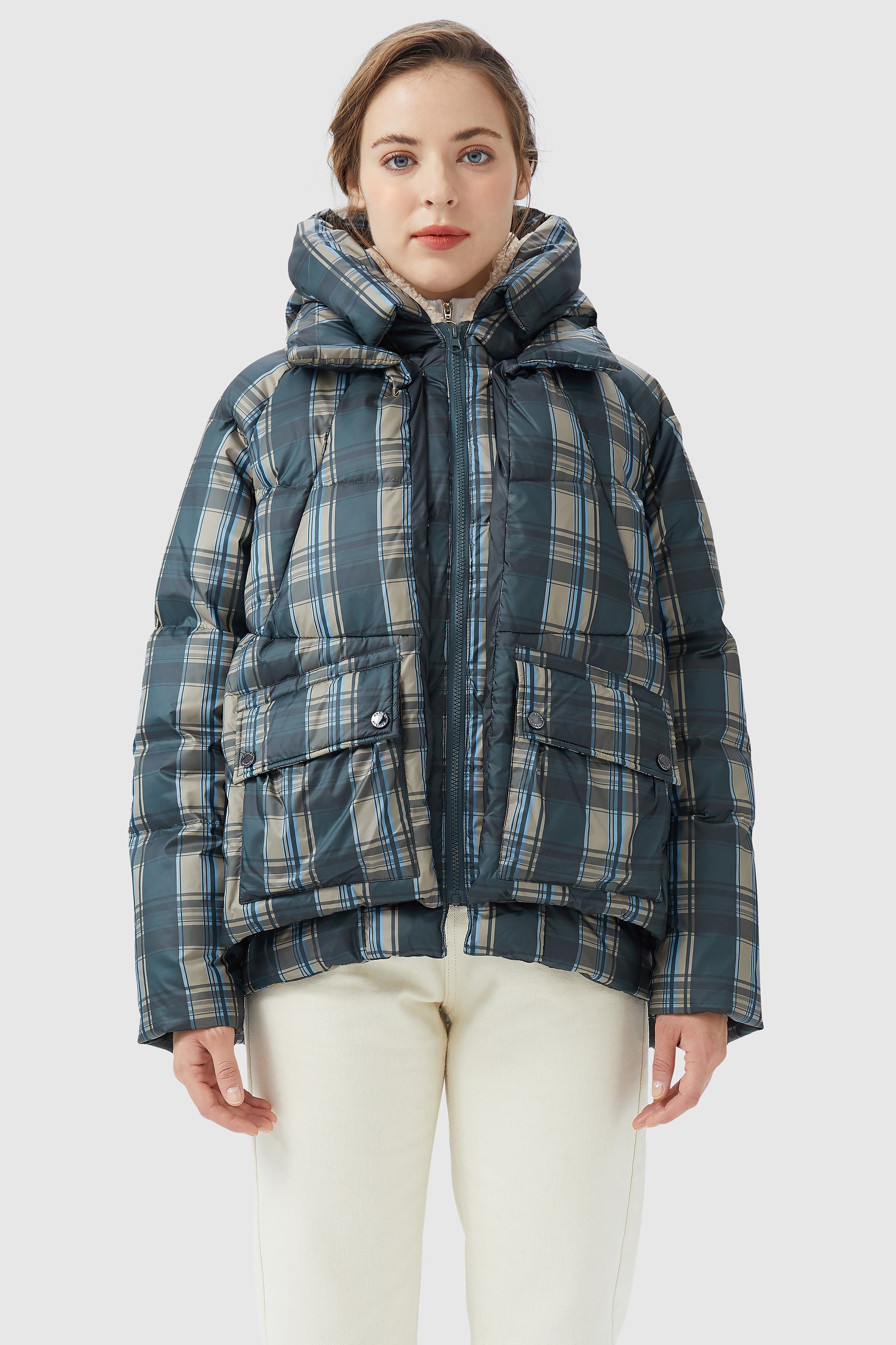 Orolay-Multi-Pockets Plaid Puffer Jacket-#color_Blue plaid