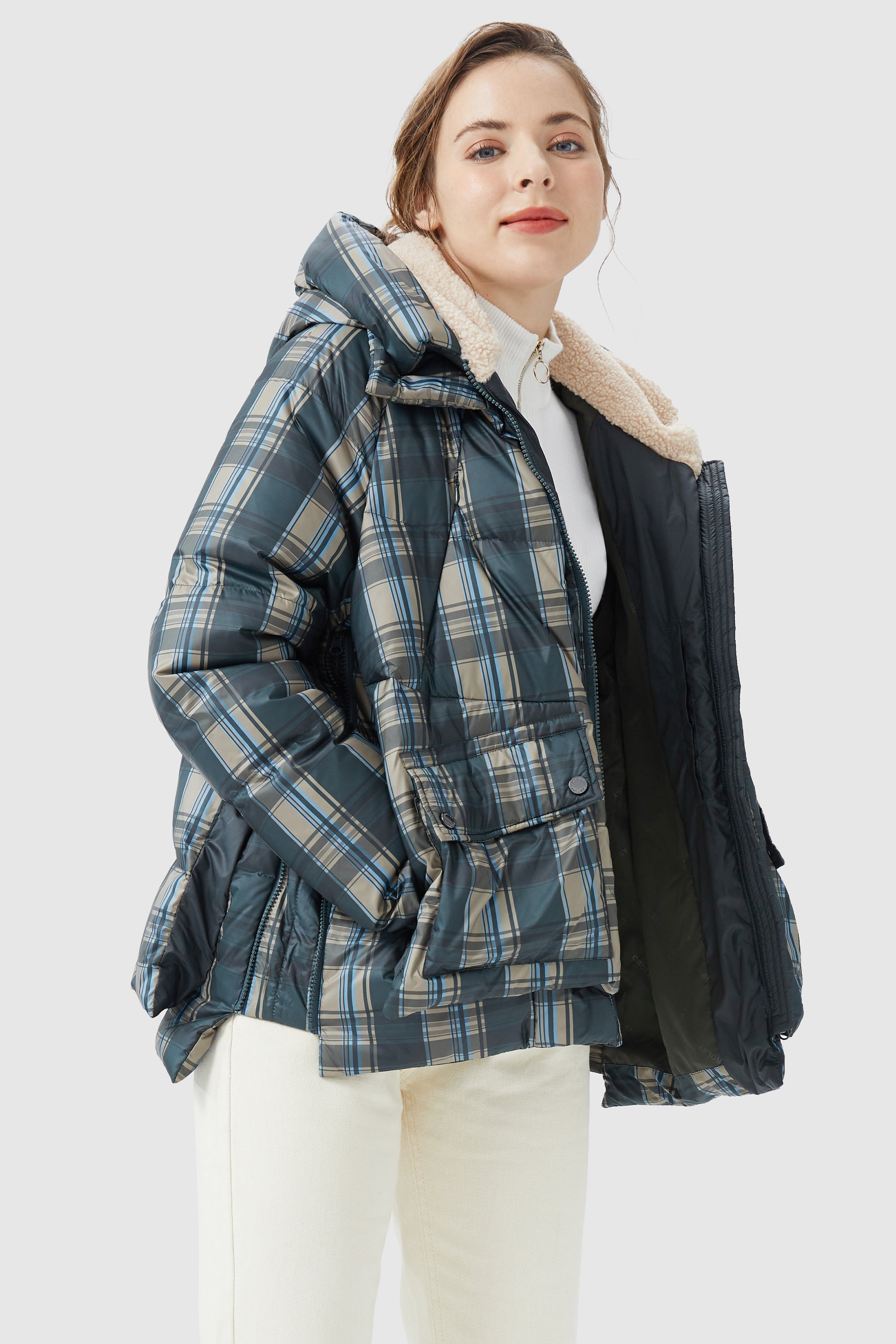 Orolay-Multi-Pockets Plaid Puffer Jacket-#color_Blue plaid