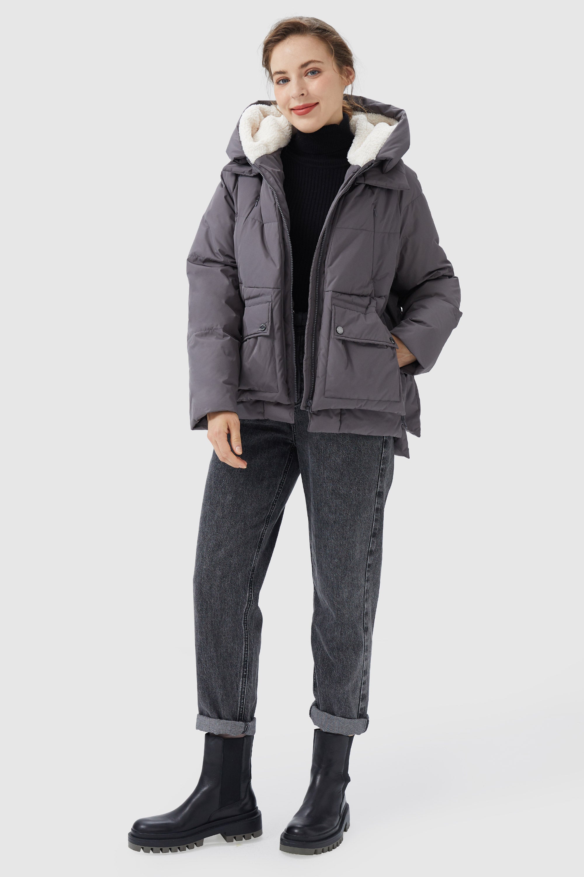 Orolay-Multi-Pockets Plaid Puffer Jacket-#color_Shark